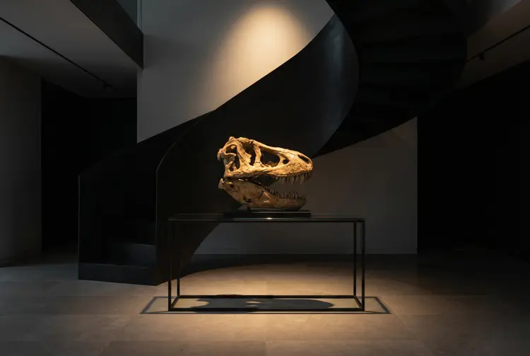 Tyrannosaurus rex Skull — staged render in a stair hall setting
