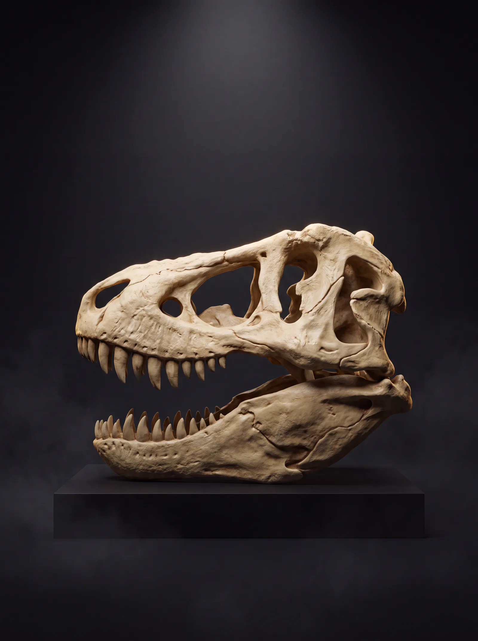 Staged render of a cast Tyrannosaurus rex skull in profile on a black pedestal, lit by a single overhead light
