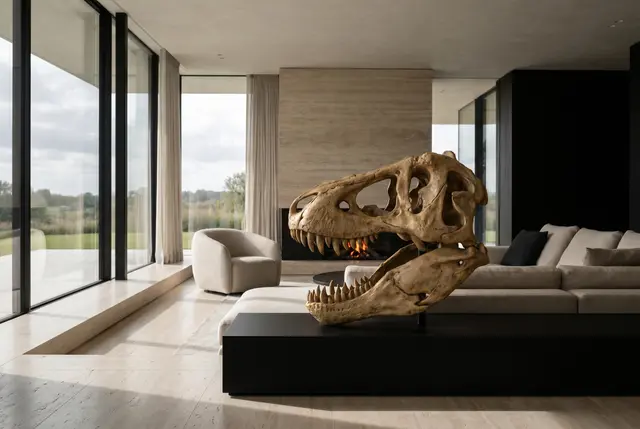Staged render of a cast Tyrannosaurus rex skull on a black plinth in a modern living room with a lit fireplace