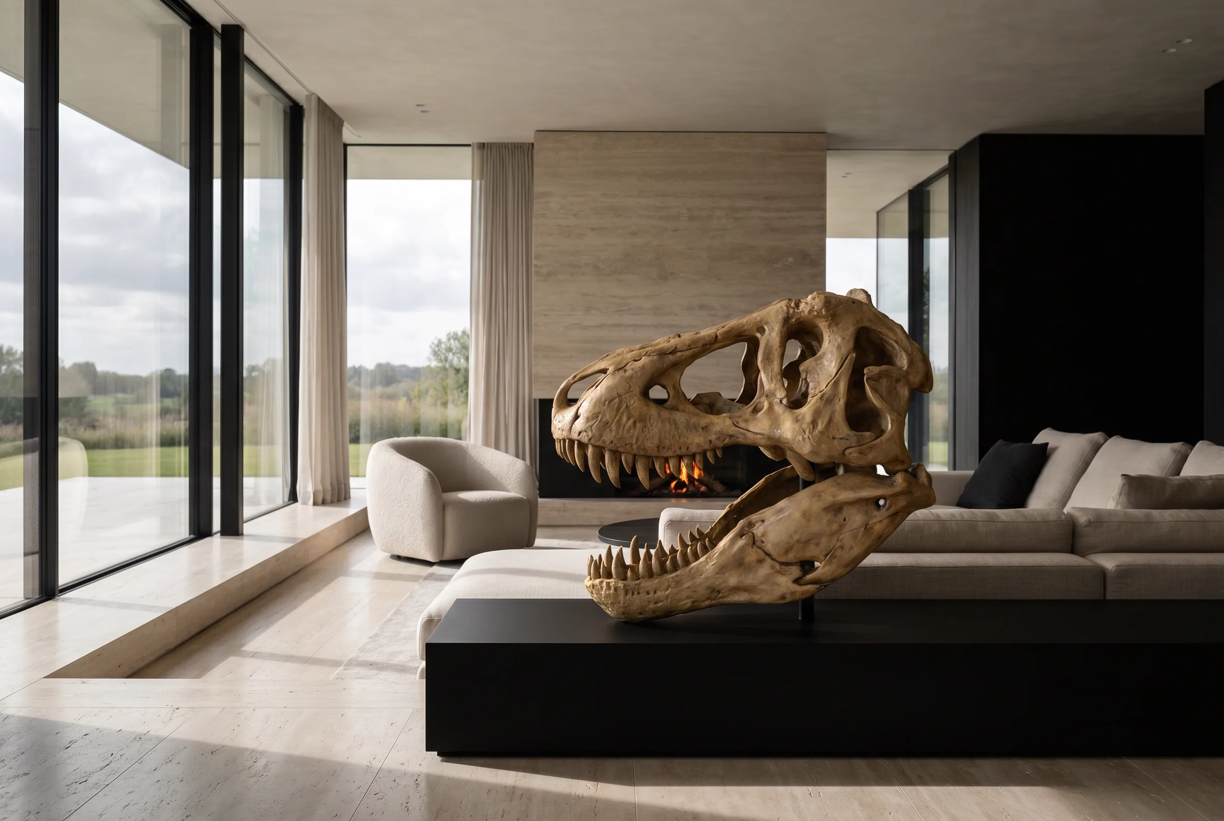 Tyrannosaurus rex Skull — staged render in a living room setting