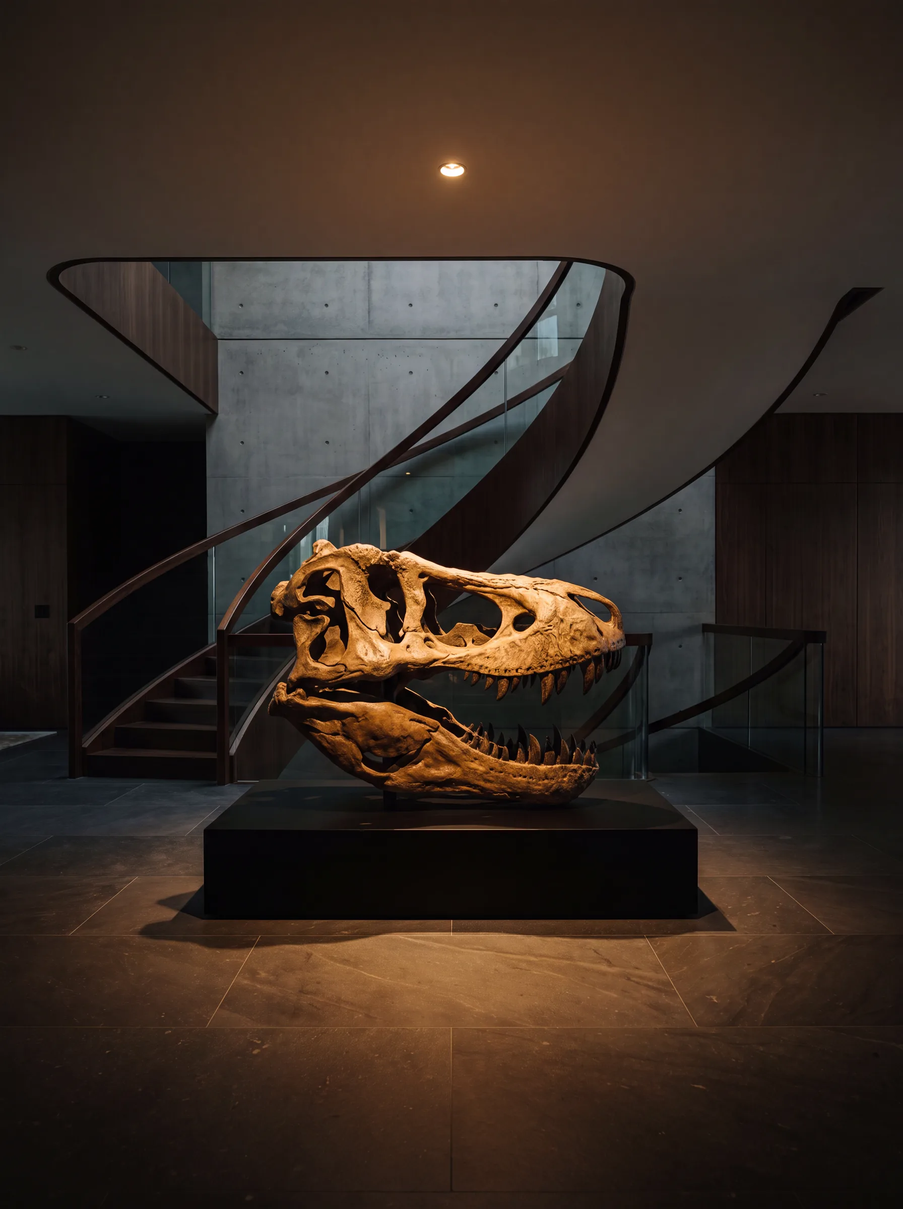 Tyrannosaurus rex Skull — staged render in a stair hall setting