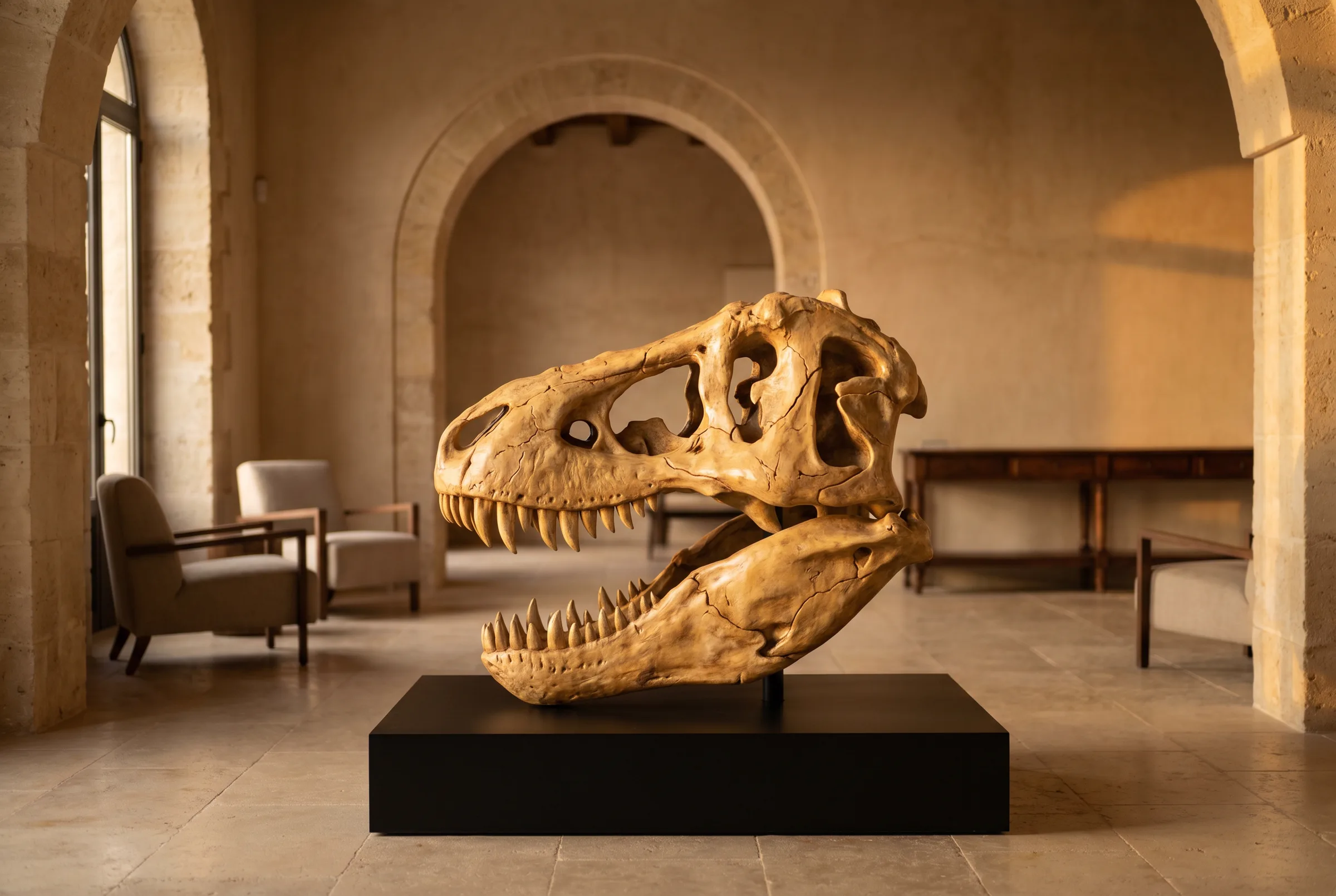 Tyrannosaurus rex Skull — staged render in a stone villa setting