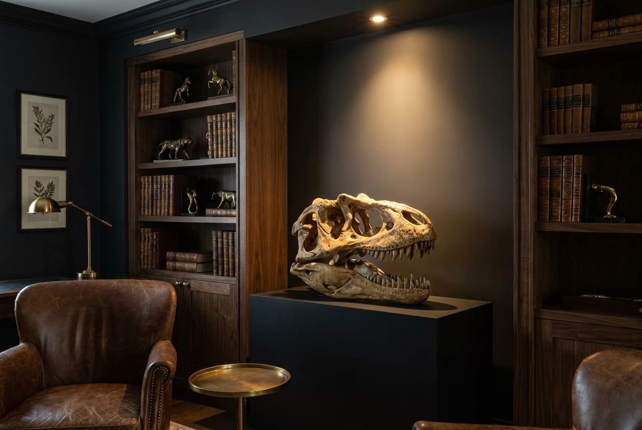 Allosaurus Skull — staged render in a dark study setting