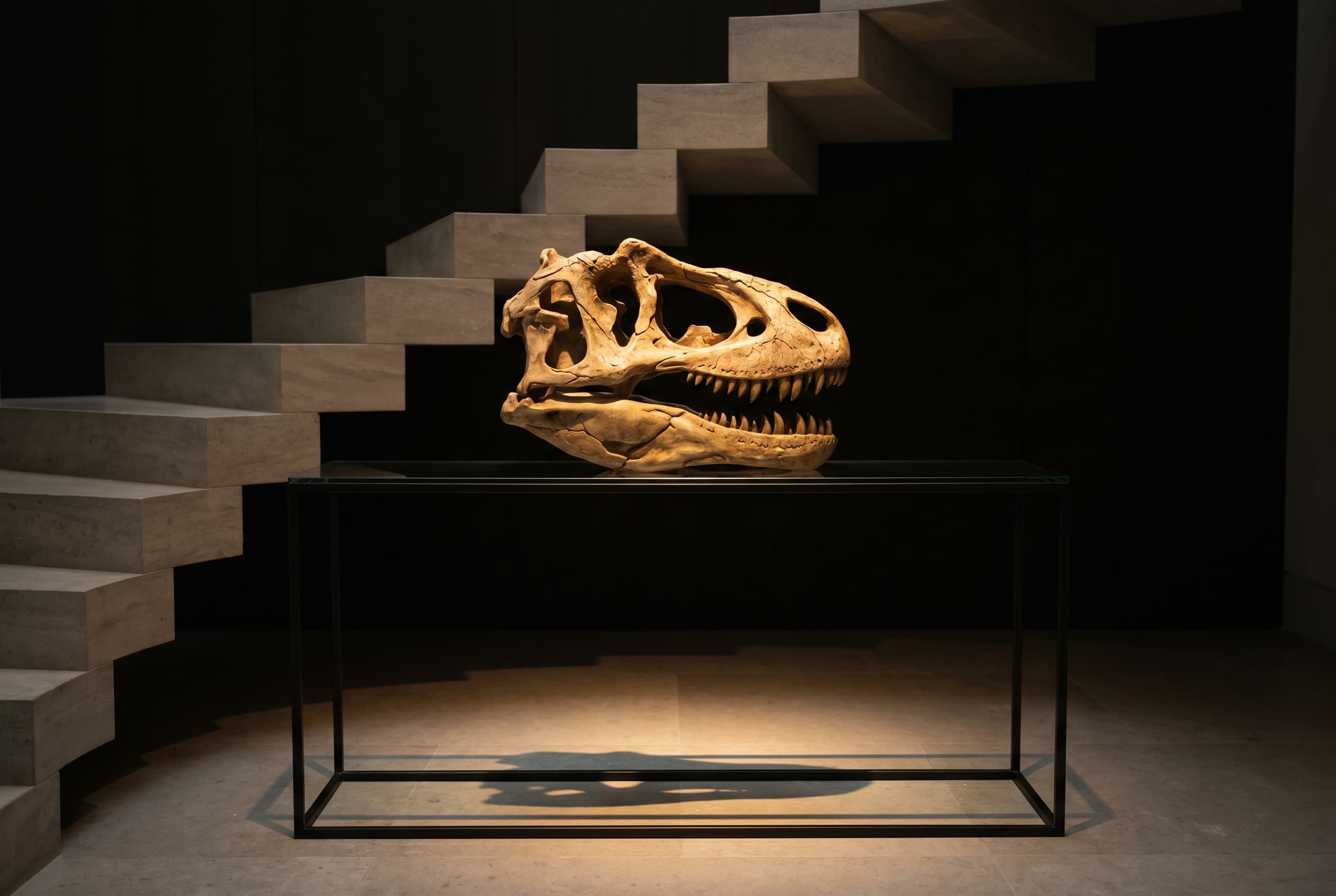 Allosaurus Skull — staged render in a staged setting