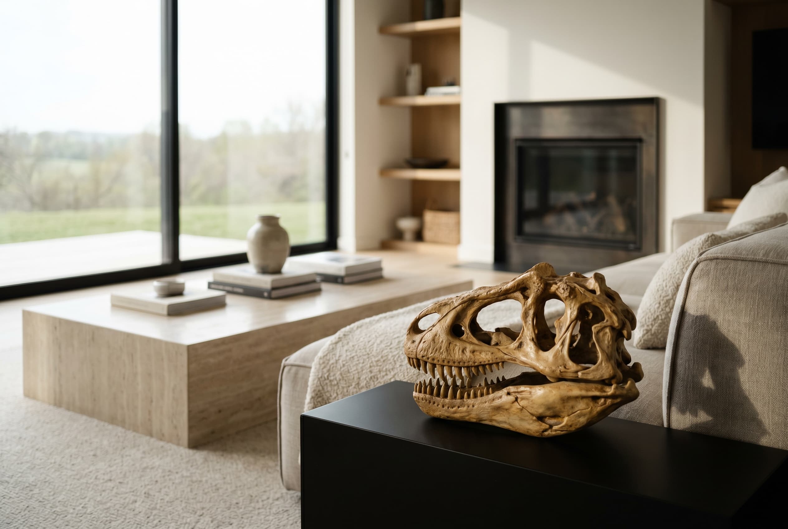 Allosaurus Skull — staged render in a staged setting
