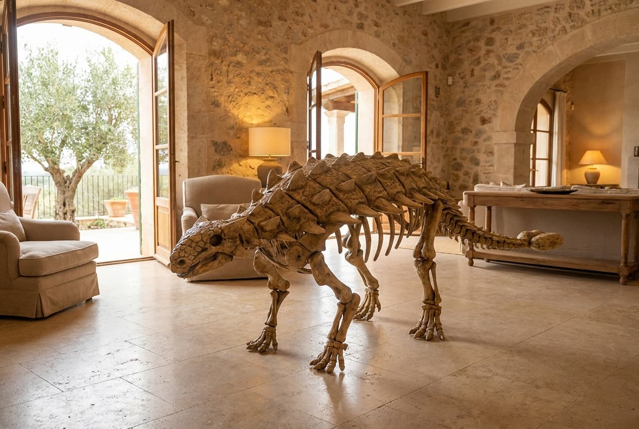 Ankylosaurus Full Skeleton — staged render in a stone villa setting