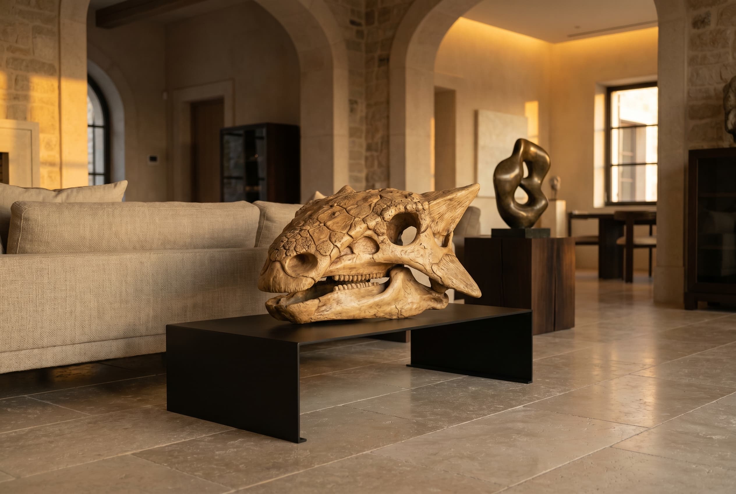 Ankylosaurus Skull — staged render in a staged setting