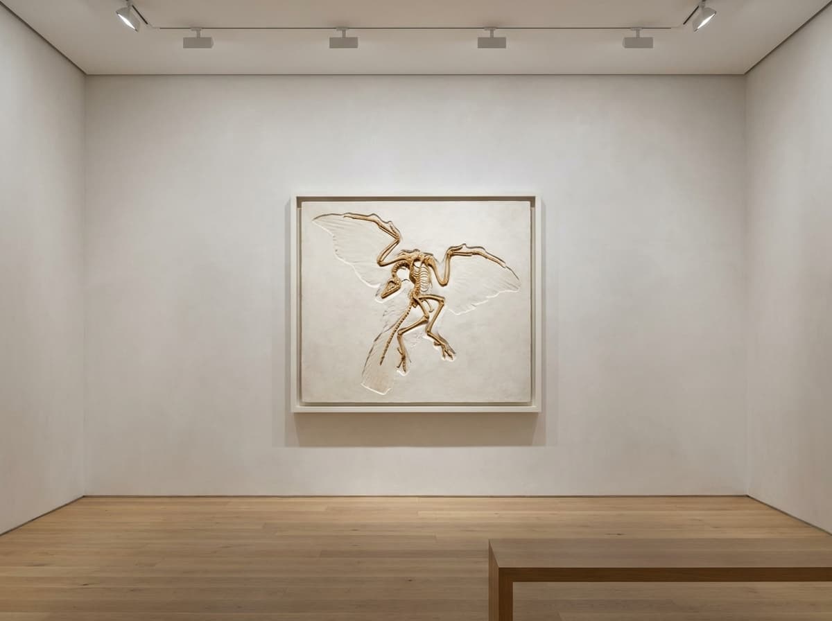 Archaeopteryx Full Skeleton — staged render in a minimalist gallery setting