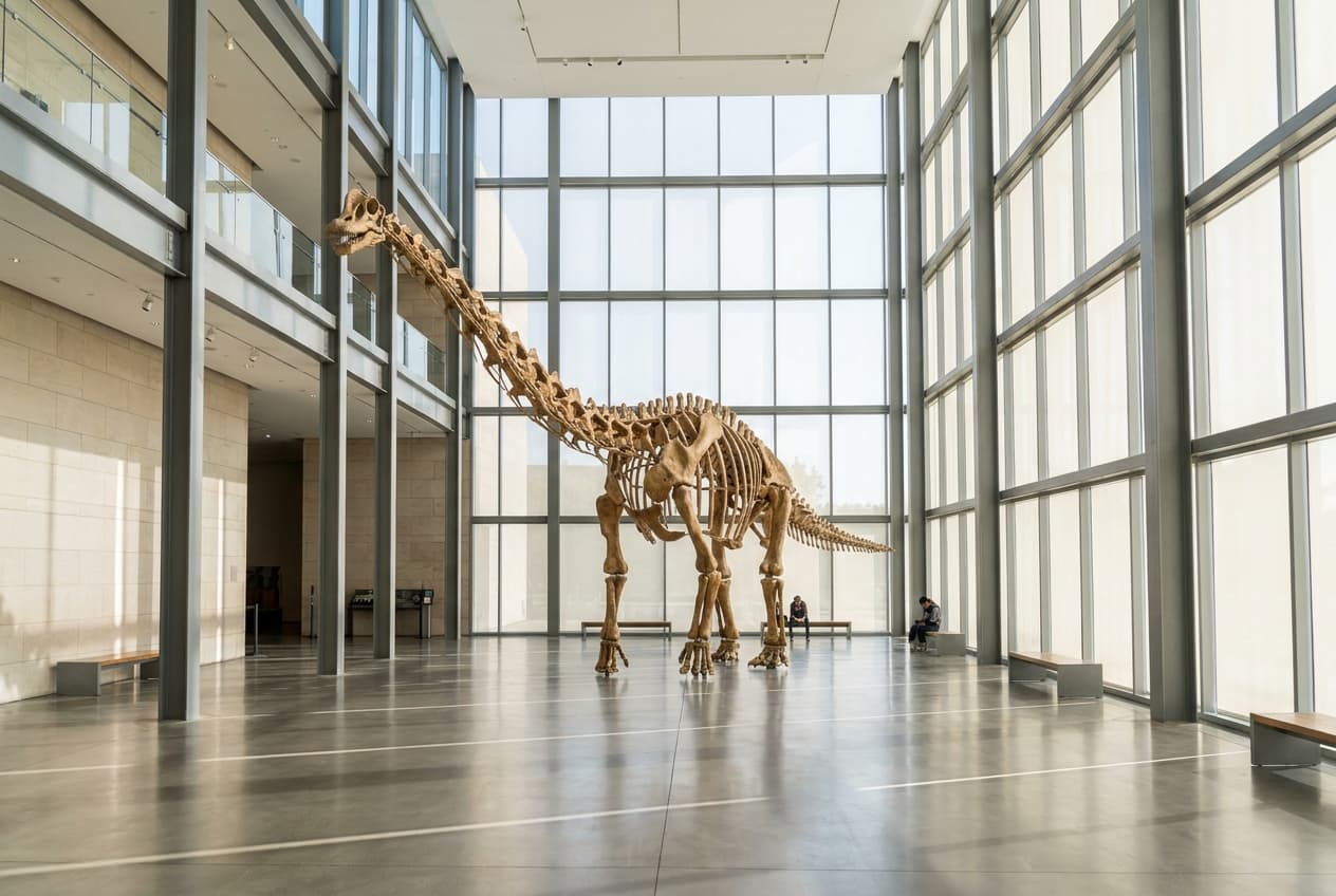 Brachiosaurus Full Skeleton — staged render in a modern atrium setting