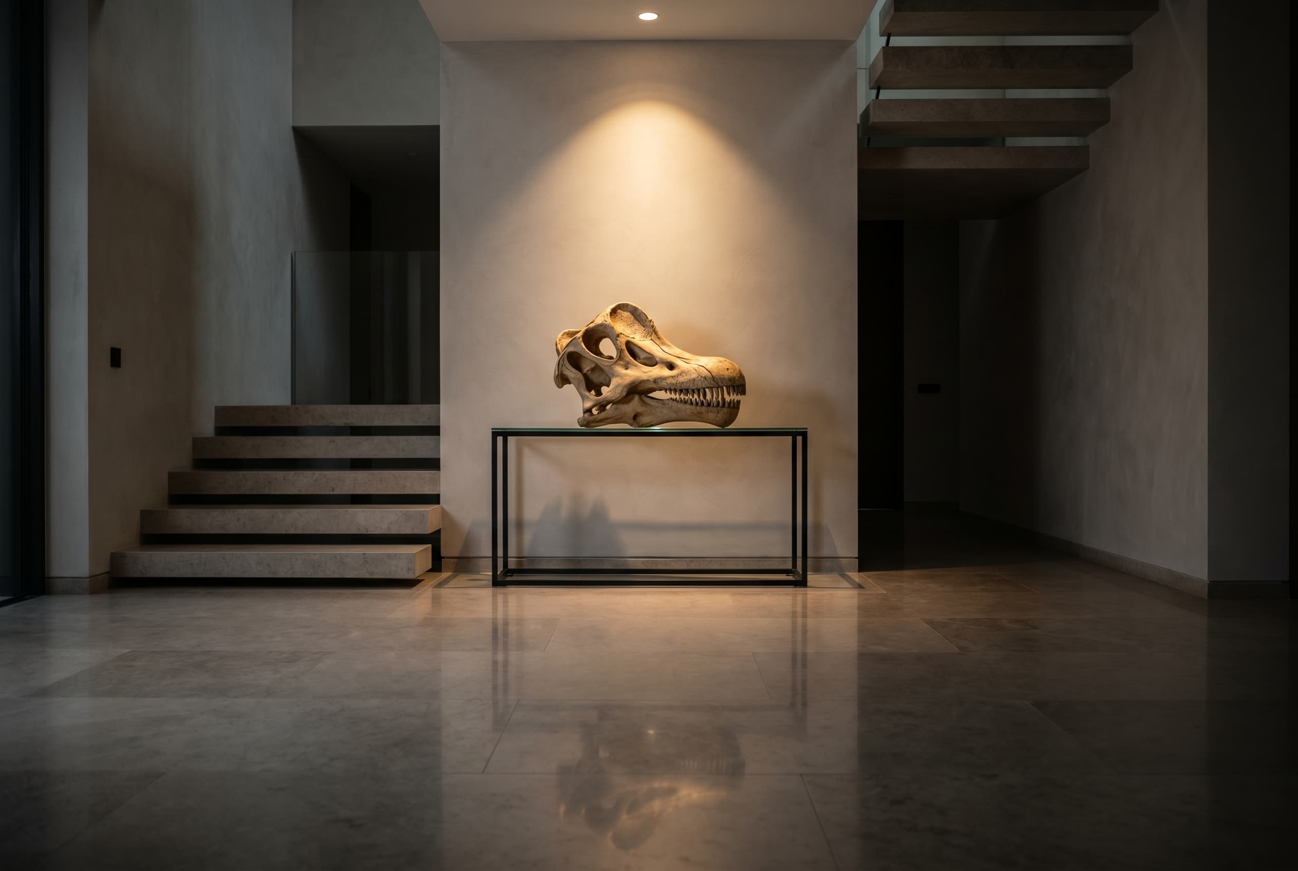 Brachiosaurus Skull — staged render in a staged setting