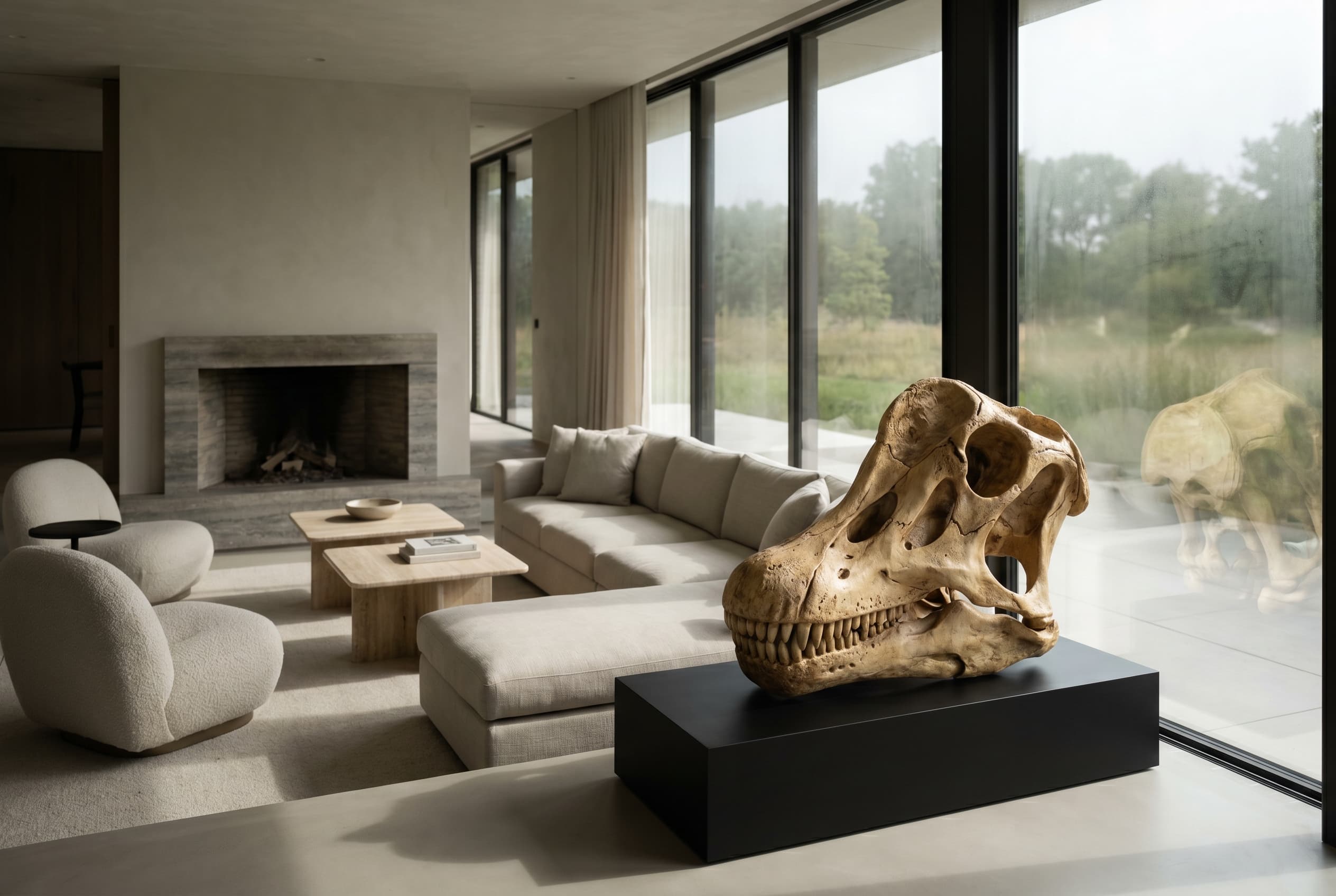 Brachiosaurus Skull — staged render in a staged setting