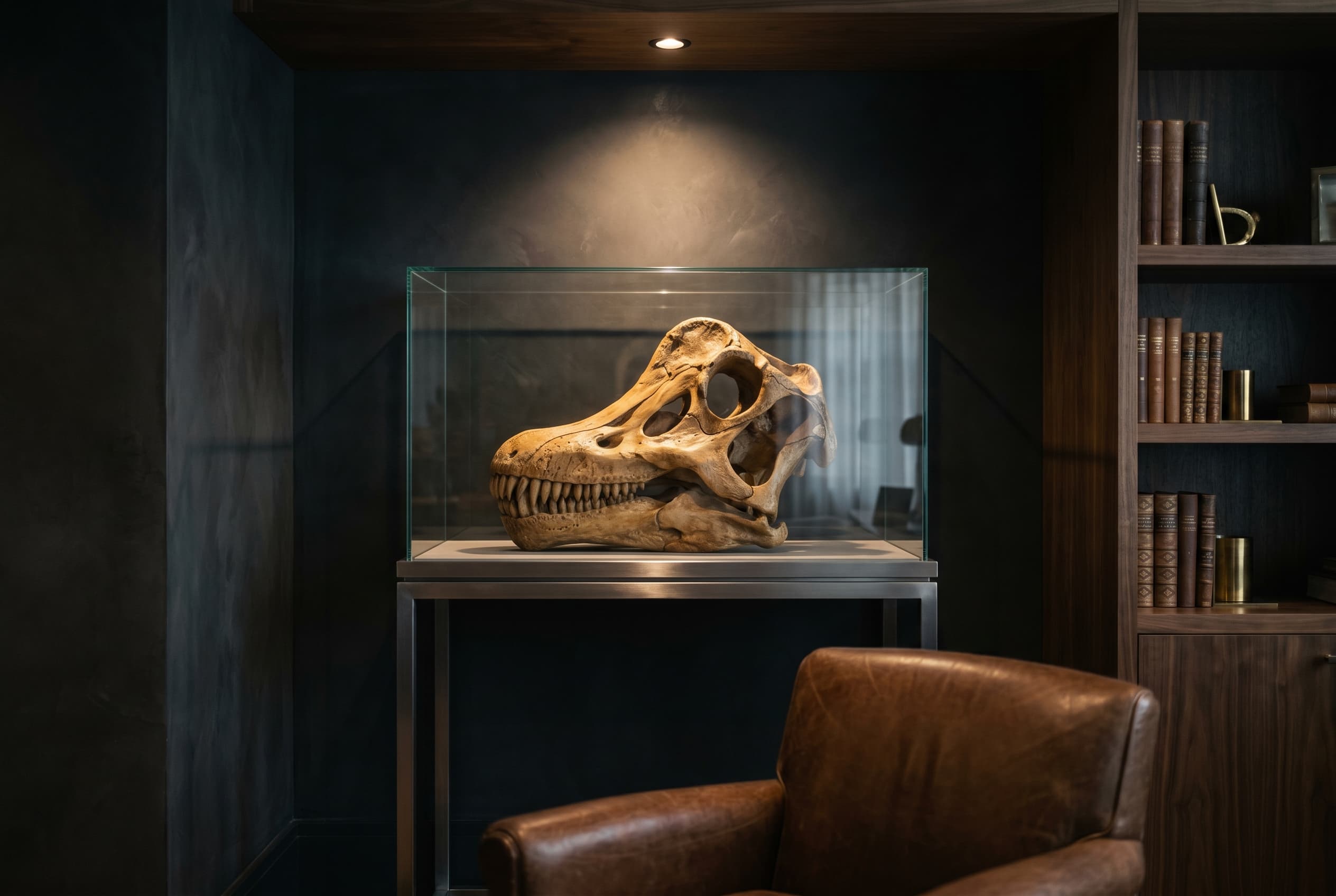 Brachiosaurus Skull — staged render in a staged setting