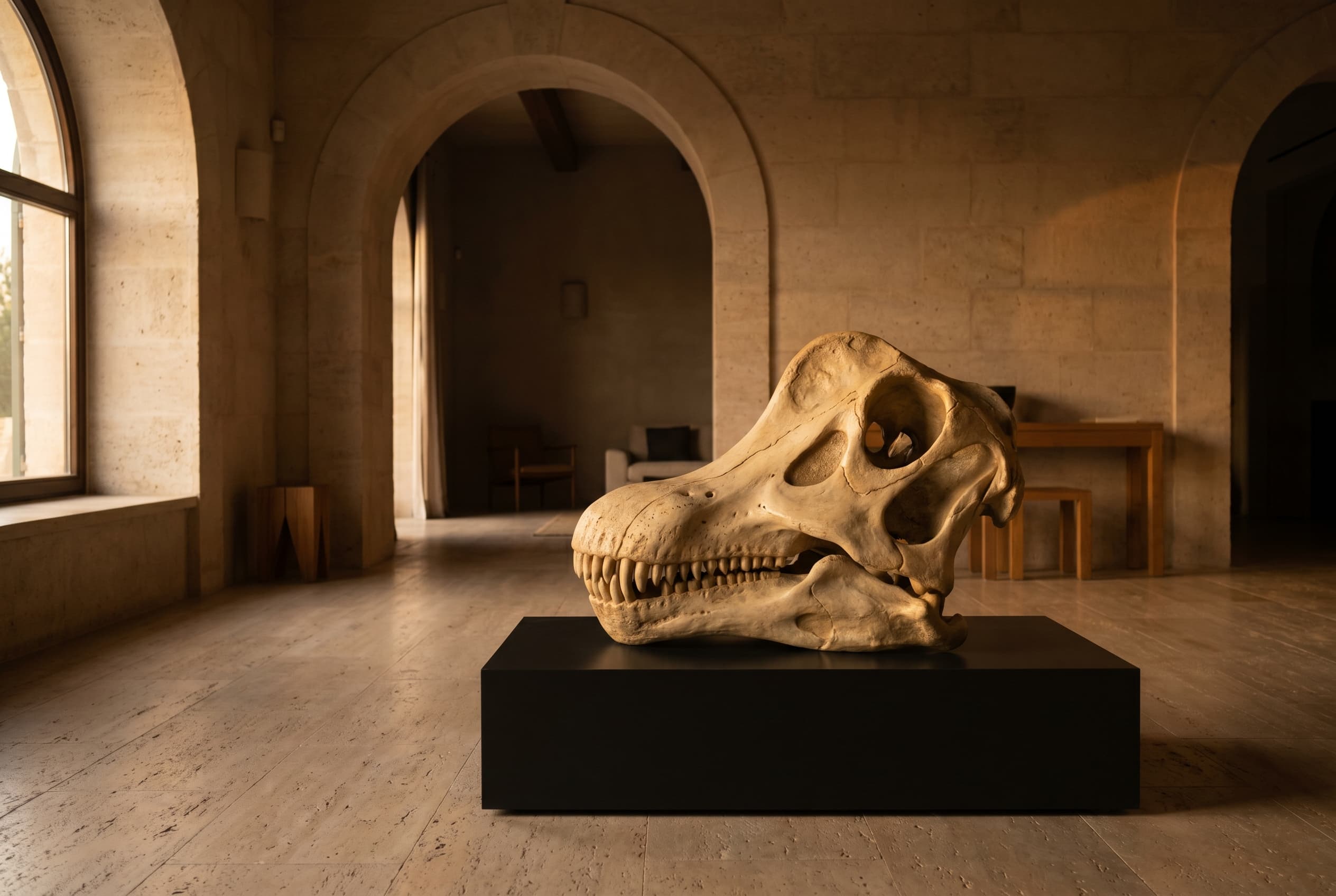 Brachiosaurus Skull — staged render in a staged setting