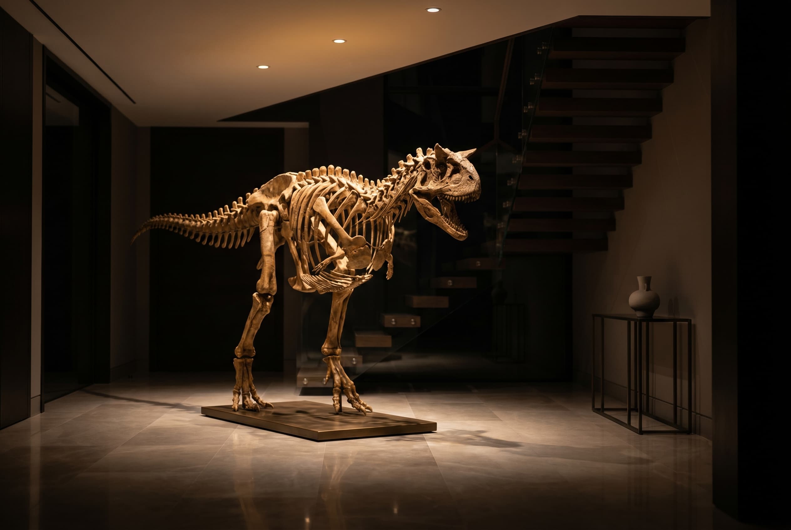 Carnotaurus Full Skeleton — staged render in a staged setting