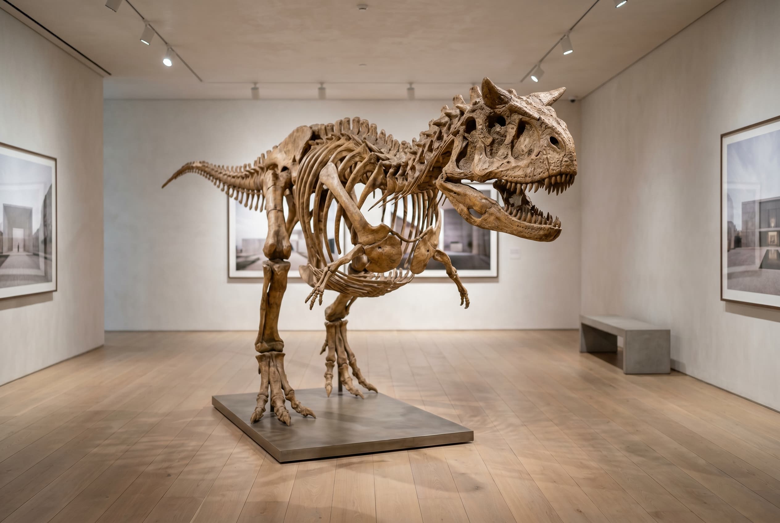Carnotaurus Full Skeleton — staged render in a staged setting