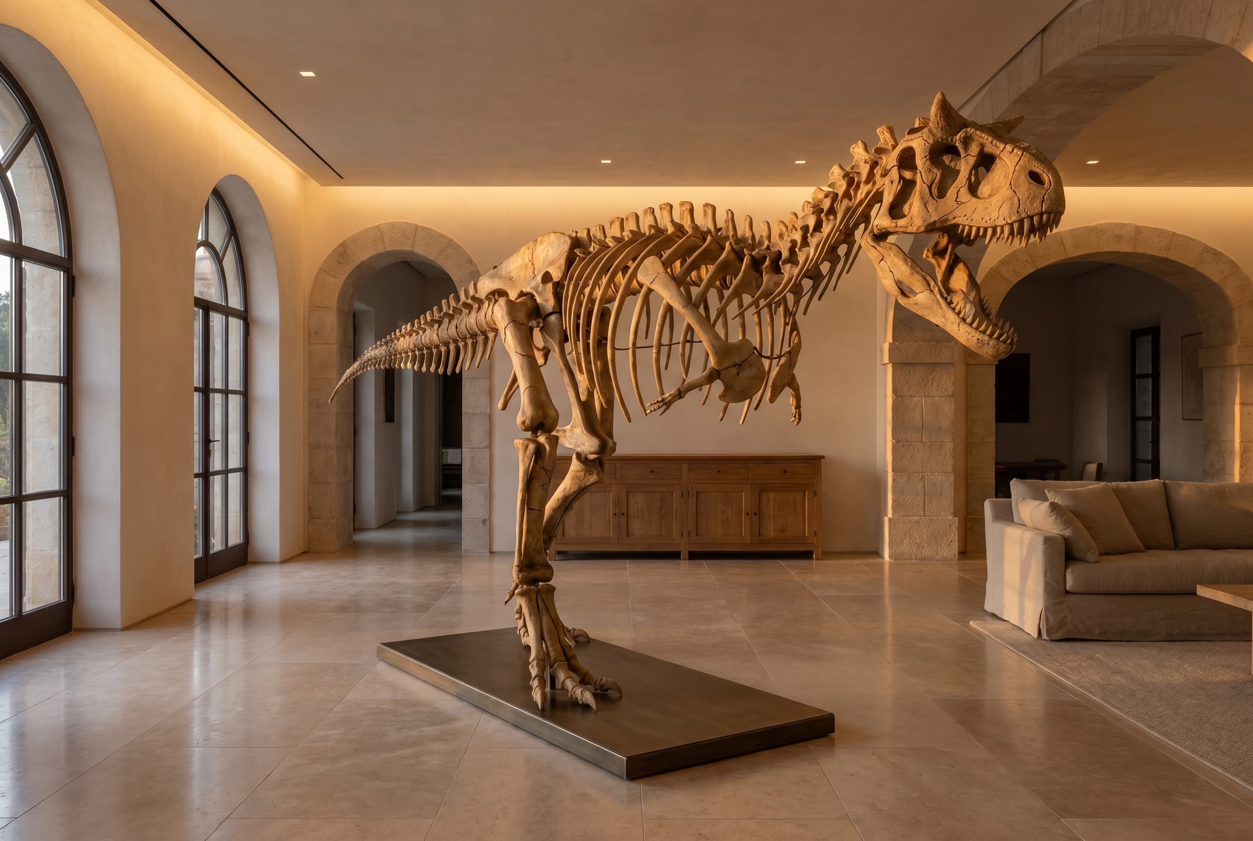 Carnotaurus Full Skeleton — staged render in a staged setting