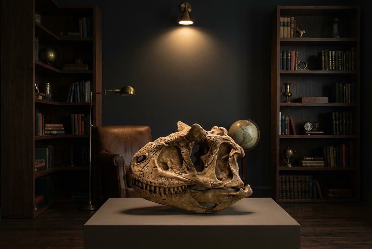 Carnotaurus Skull — staged render in a dark study setting