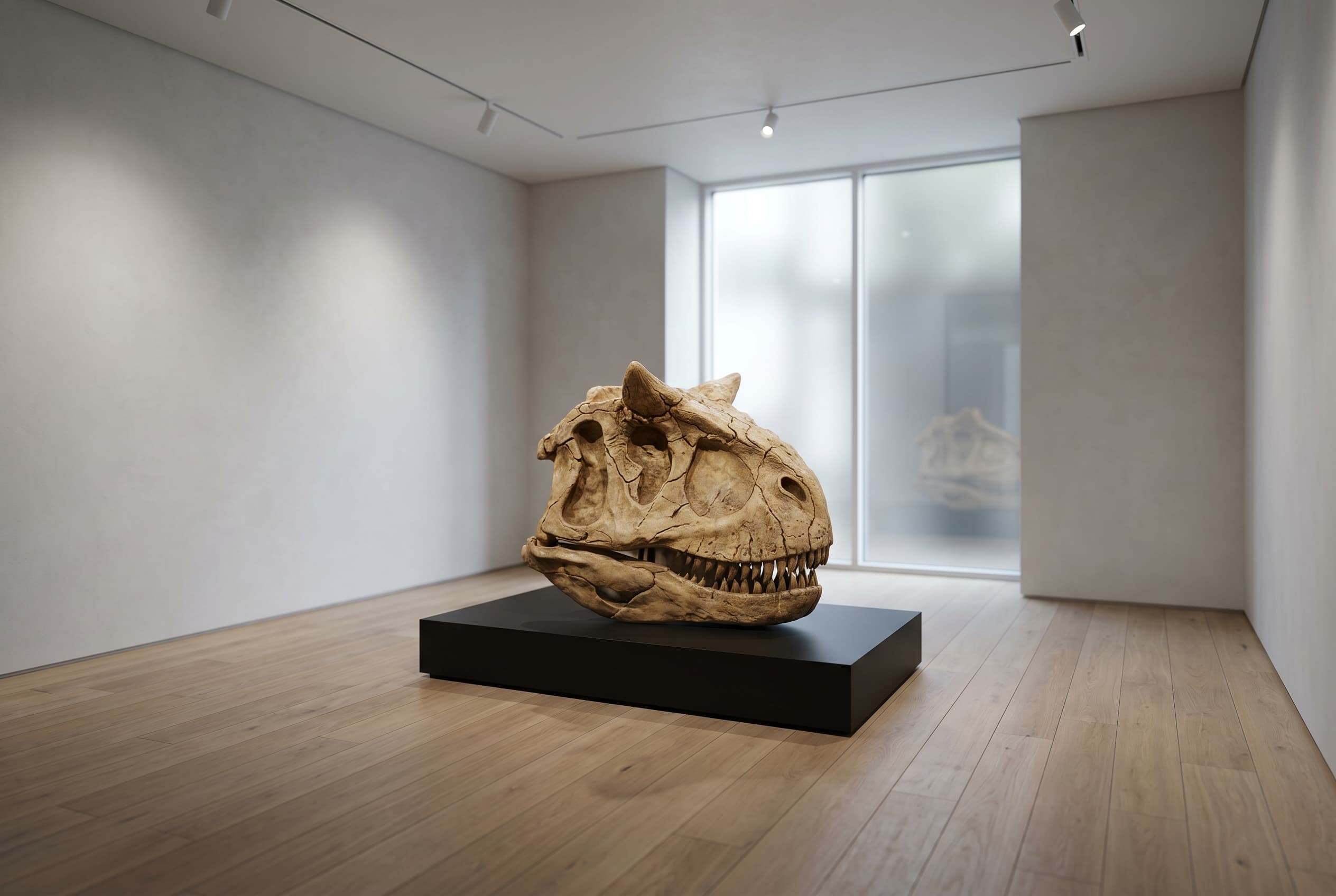 Carnotaurus Skull — staged render in a staged setting