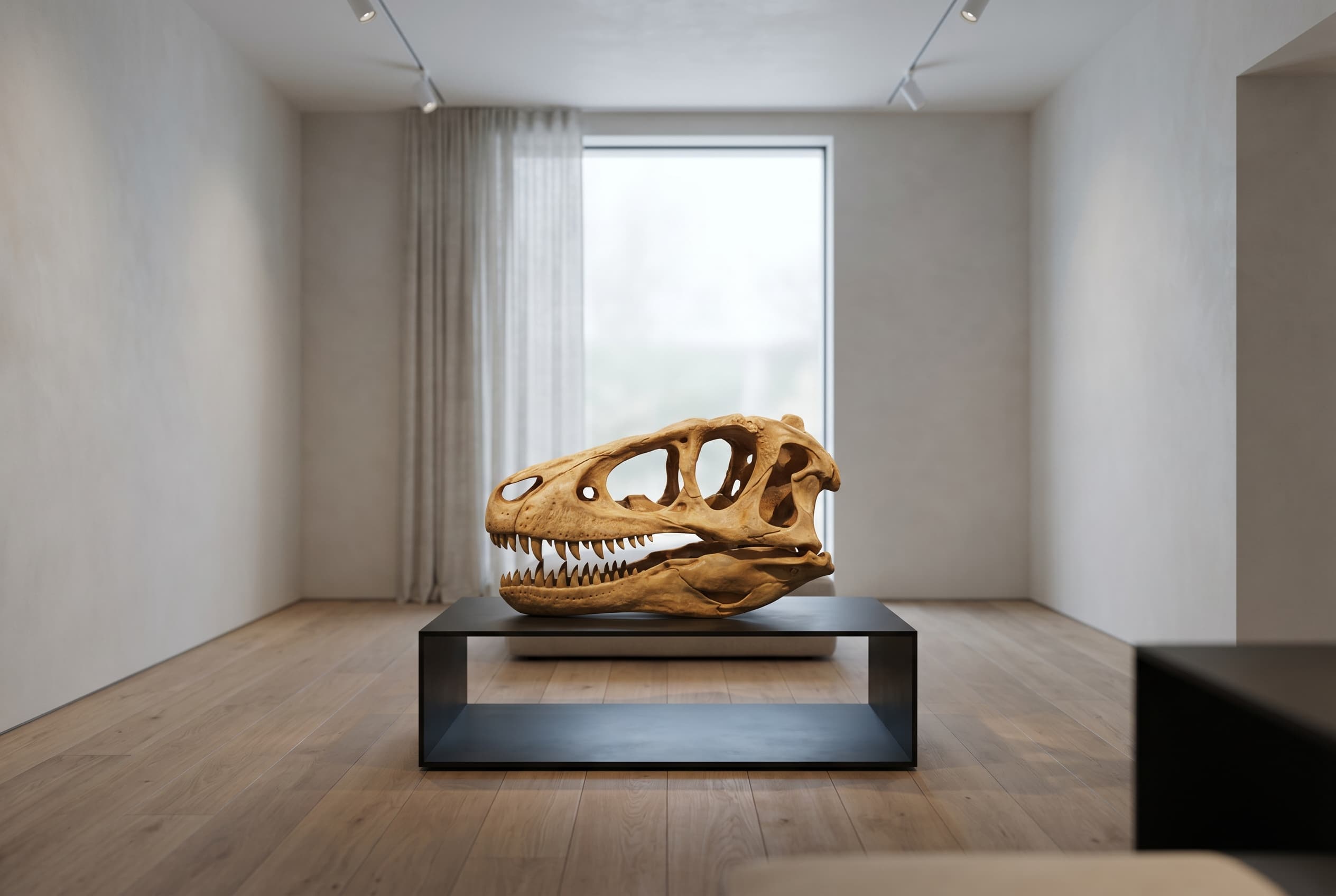 Deinonychus Skull — staged render in a staged setting