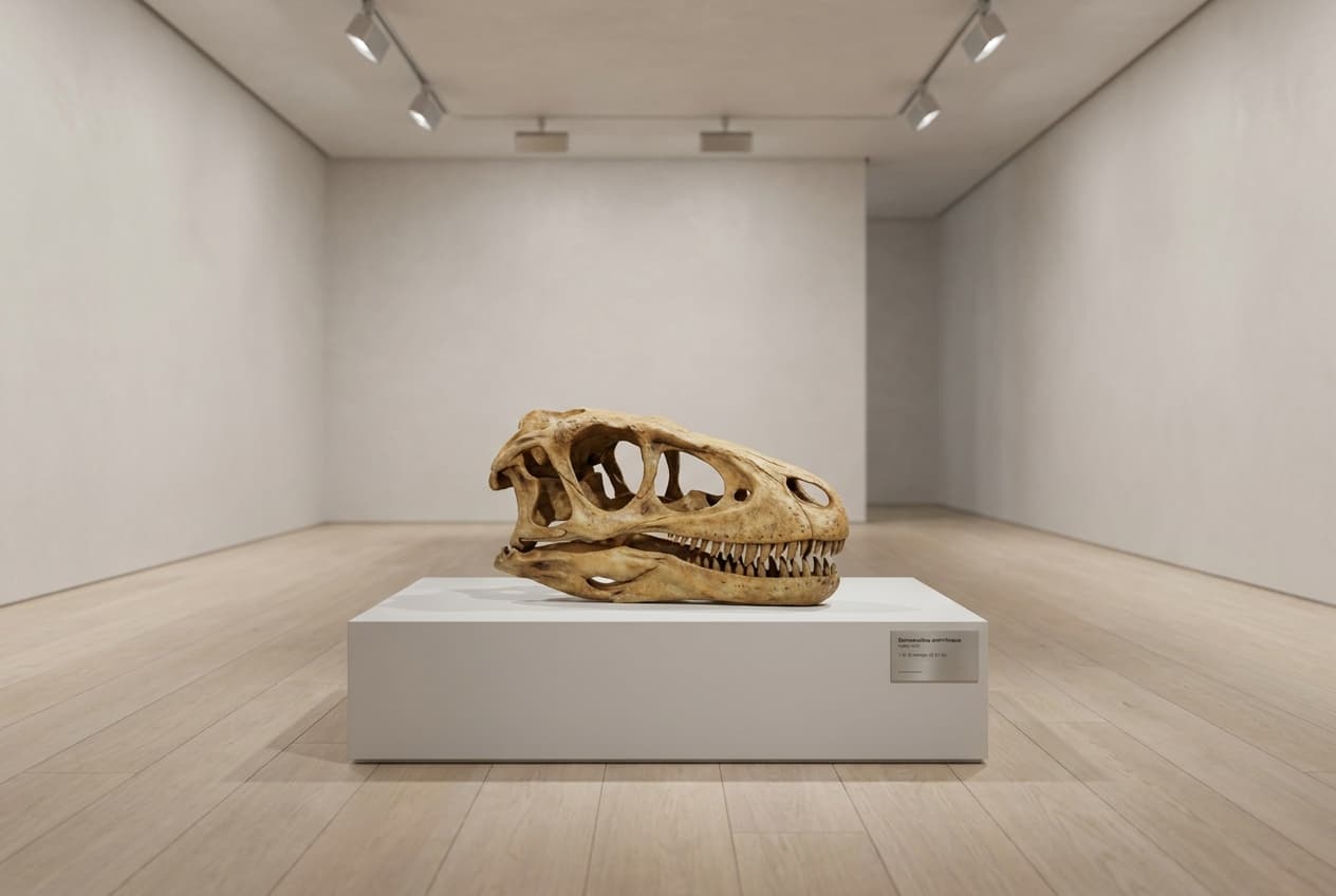 Deinonychus Skull — staged render in a minimalist gallery setting
