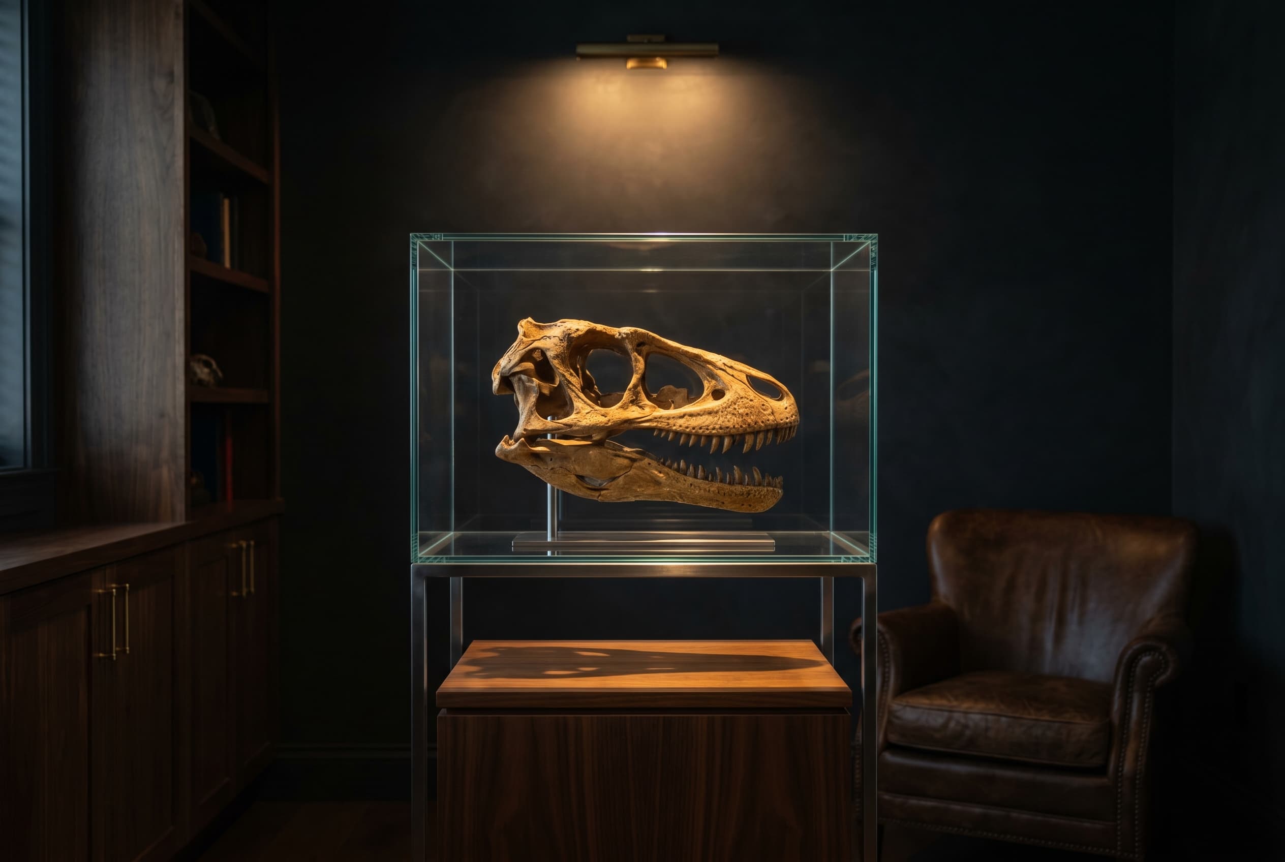 Deinonychus Skull — staged render in a staged setting