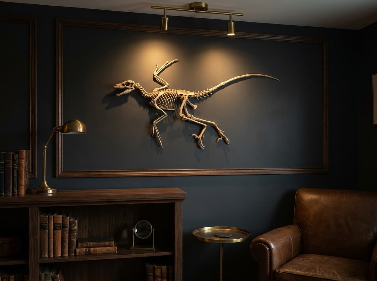 Microraptor Full Skeleton — staged render in a dark study setting