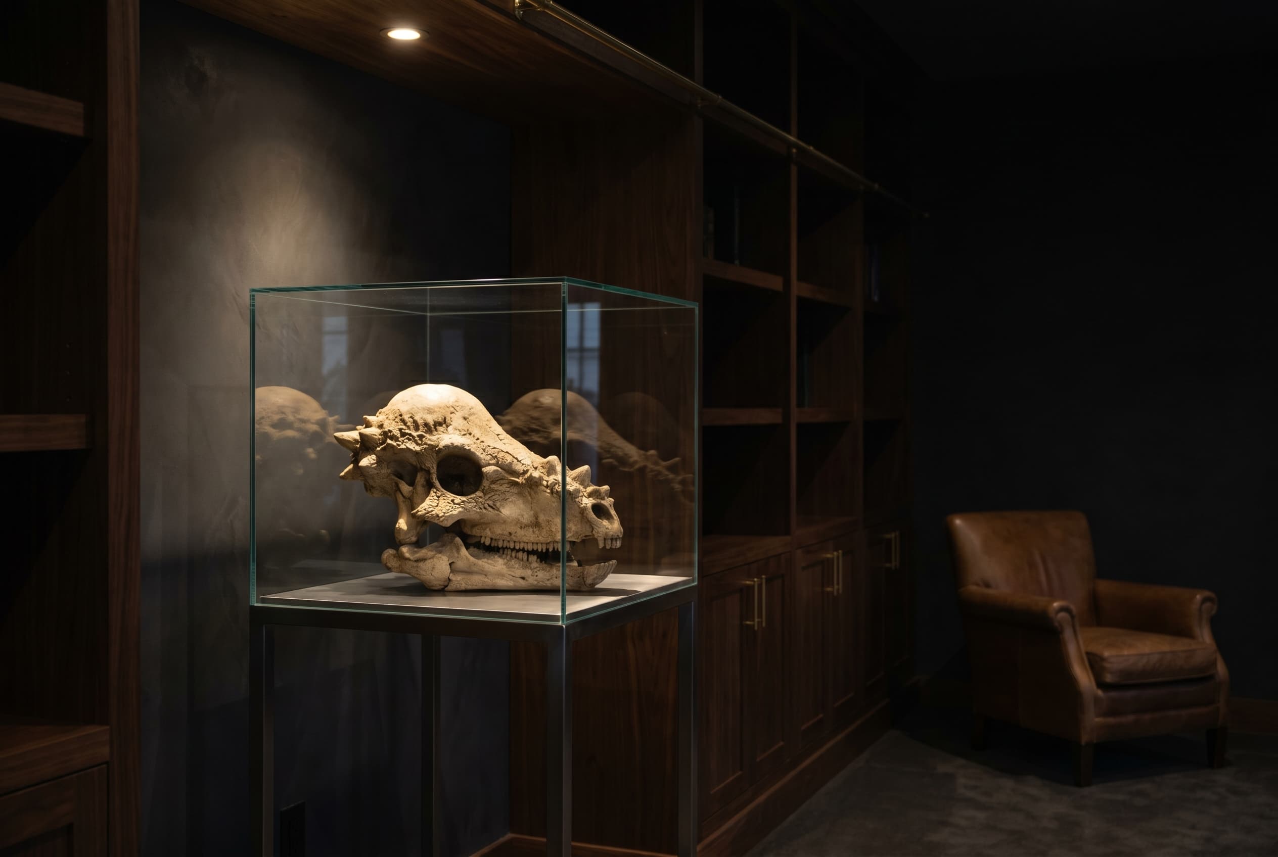 Pachycephalosaurus Skull — staged render in a staged setting