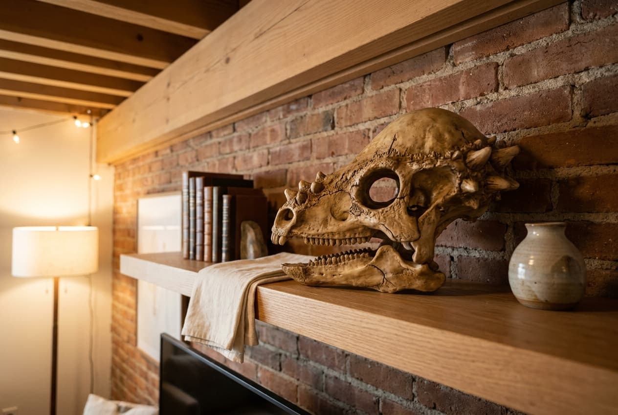 Pachycephalosaurus Skull — staged render in a warm loft setting
