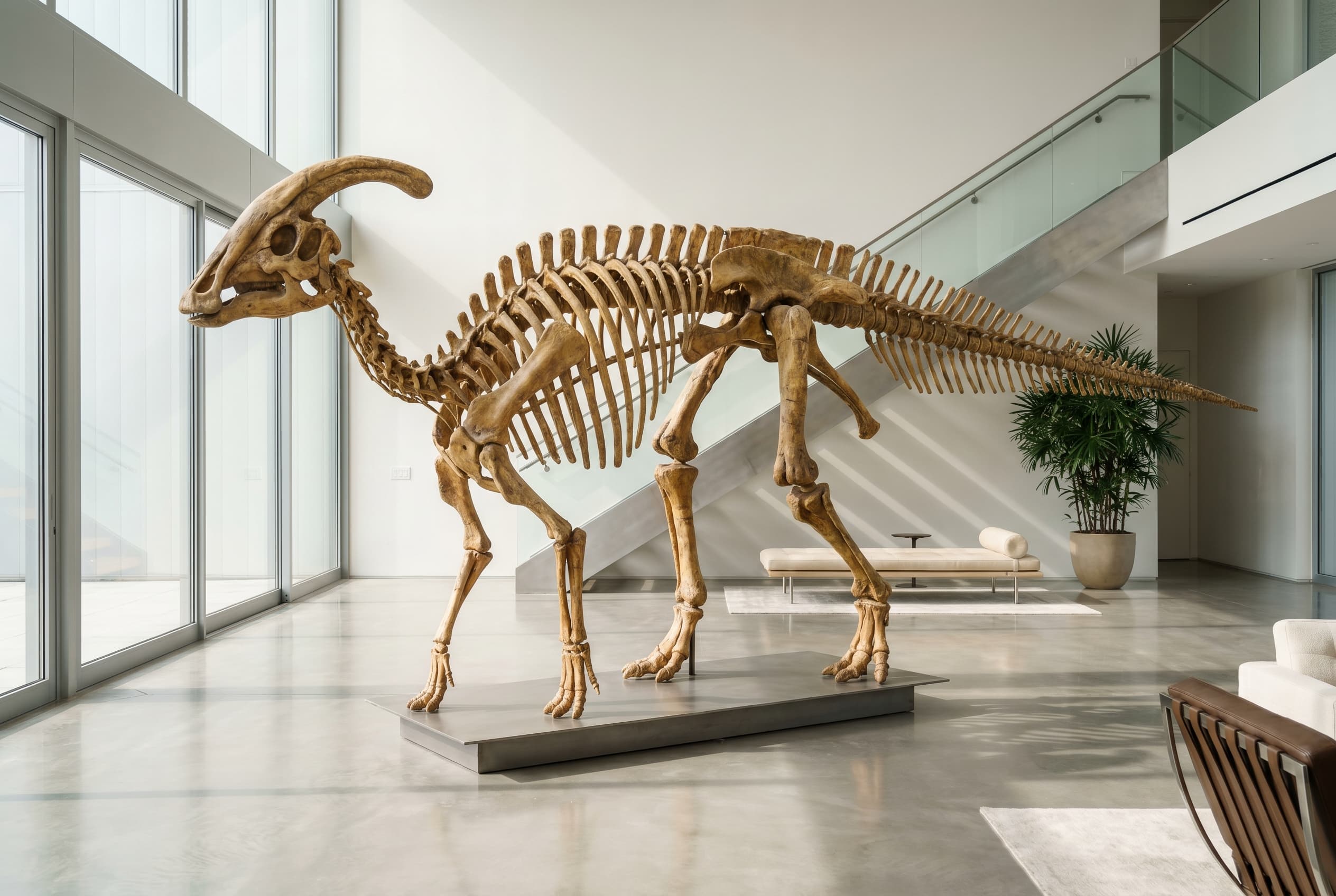 Parasaurolophus Full Skeleton — staged render in a staged setting