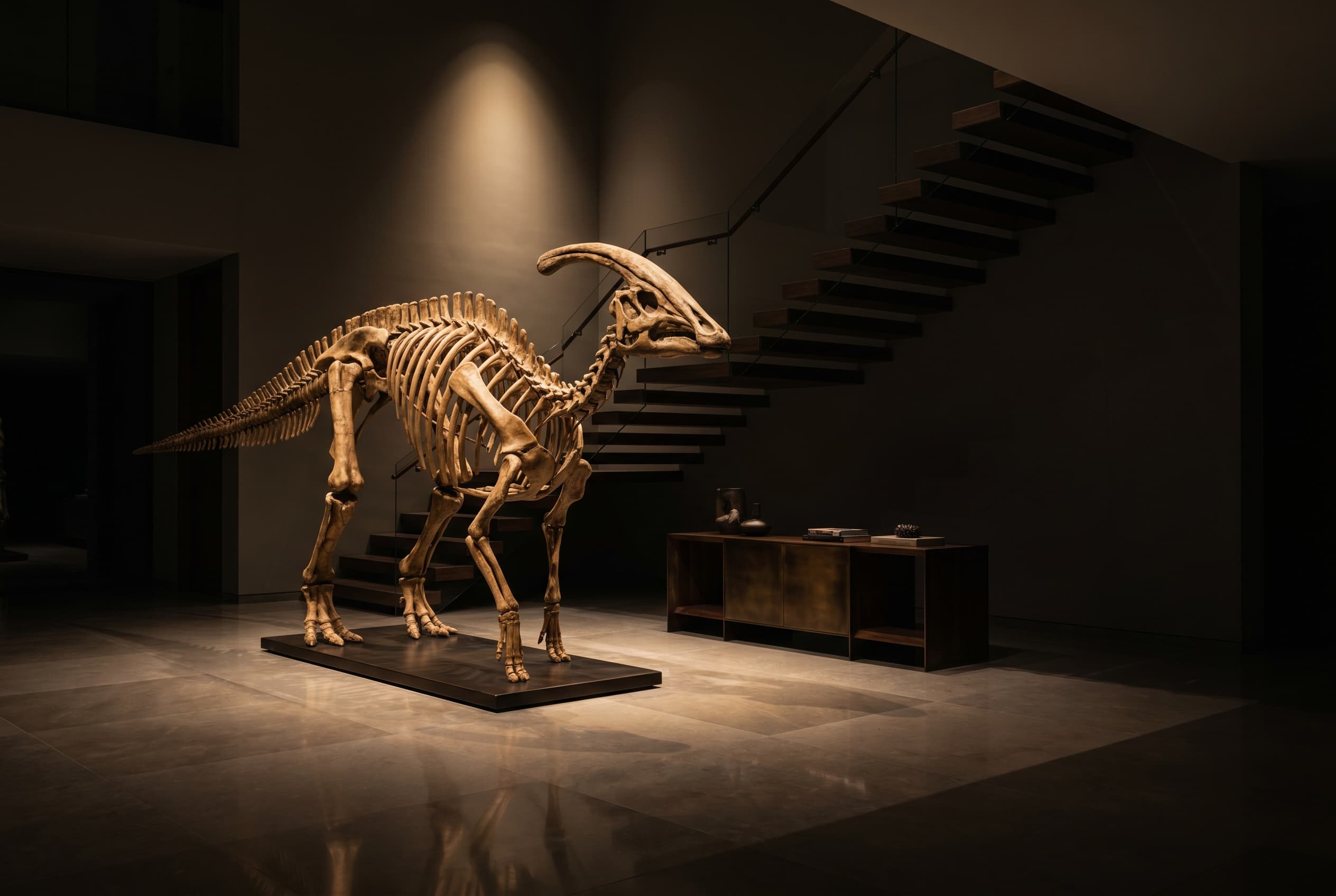 Parasaurolophus Full Skeleton — staged render in a staged setting