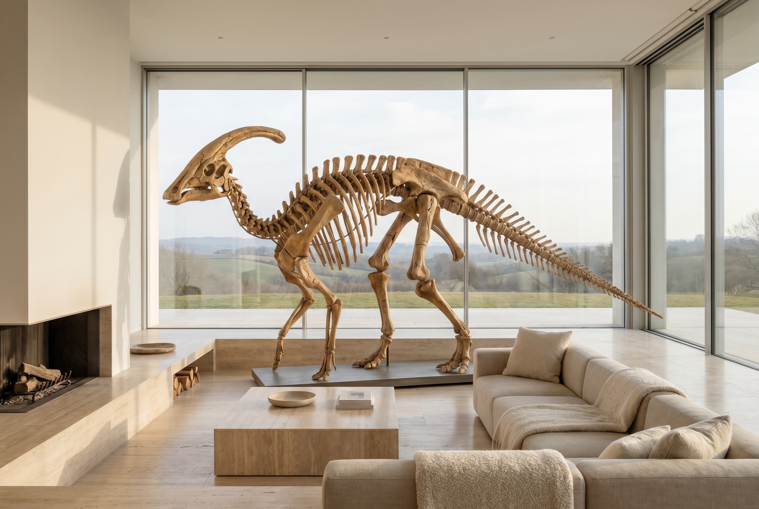 Parasaurolophus Full Skeleton — staged render in a staged setting