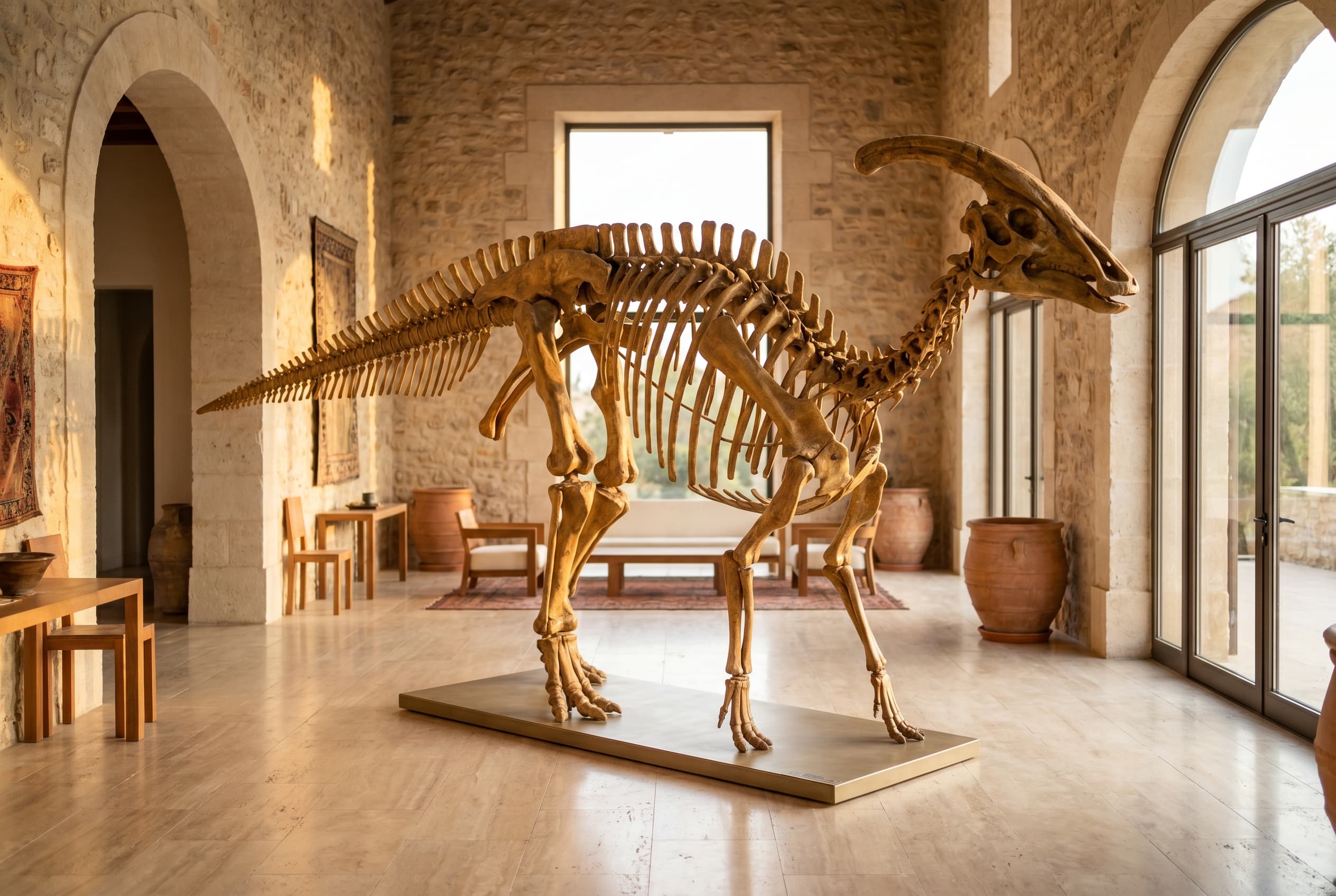 Parasaurolophus Full Skeleton — staged render in a staged setting