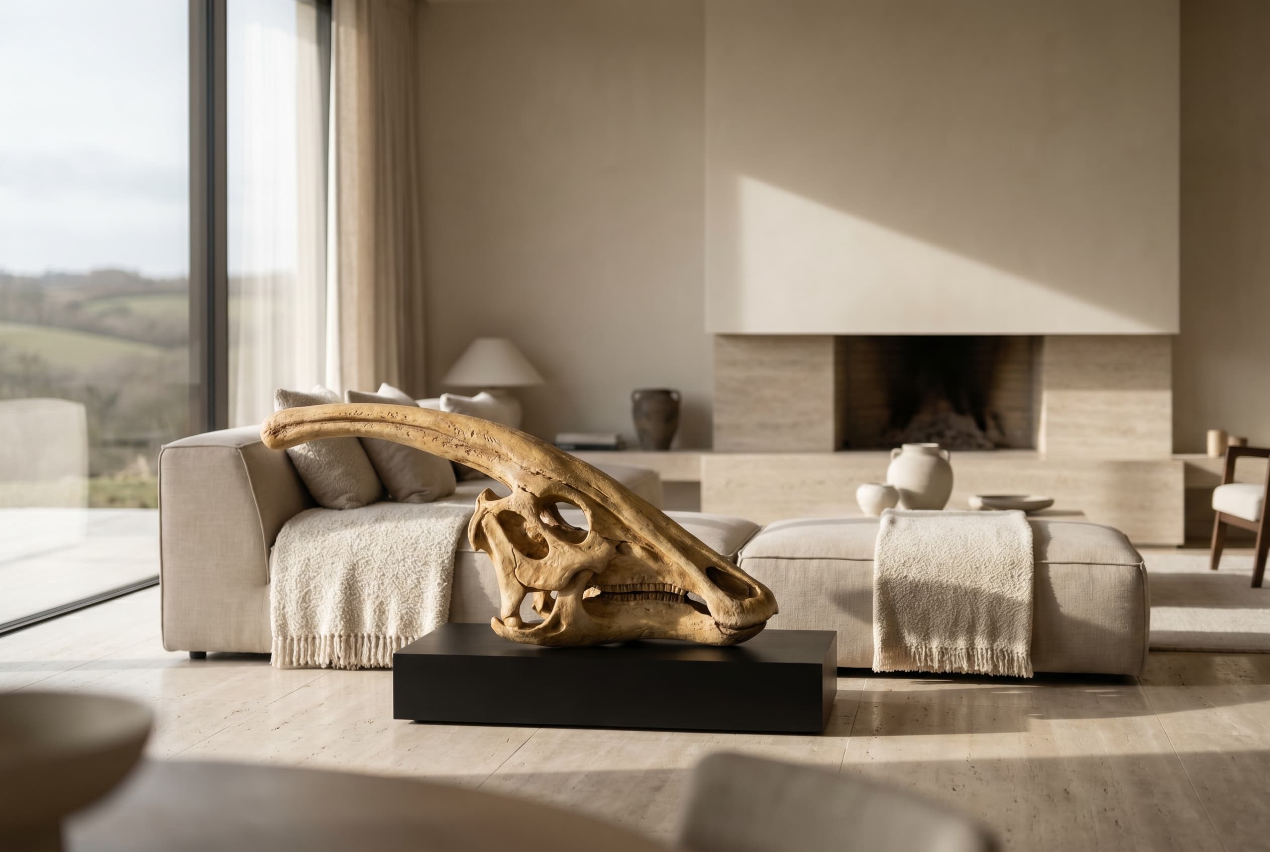 Parasaurolophus Skull — staged render in a staged setting