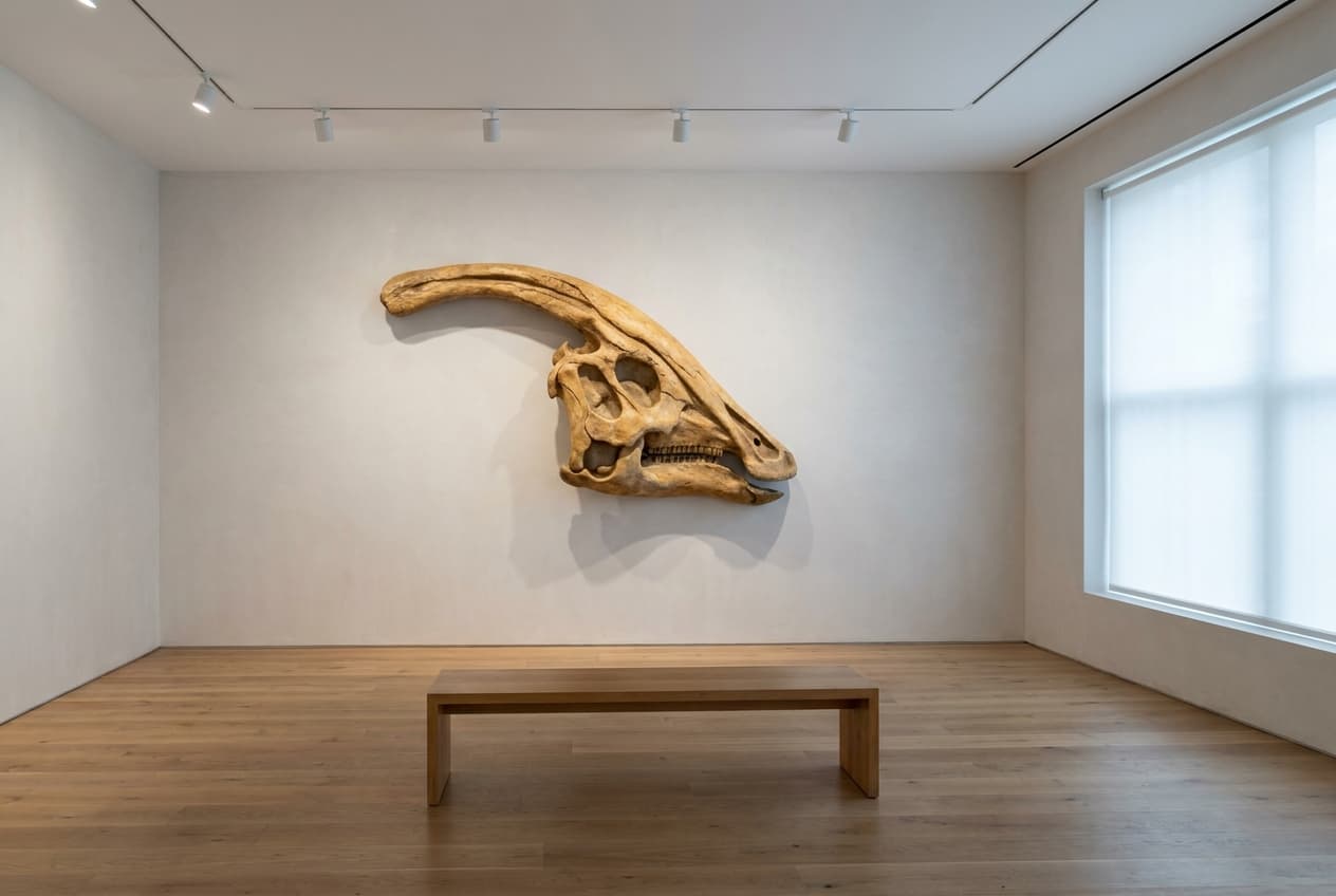 Parasaurolophus Skull — staged render in a minimalist gallery setting