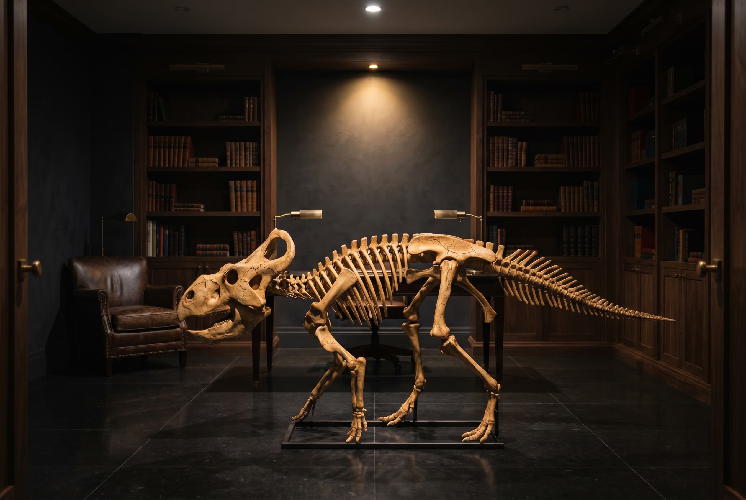 Protoceratops Full Skeleton — staged render in a staged setting
