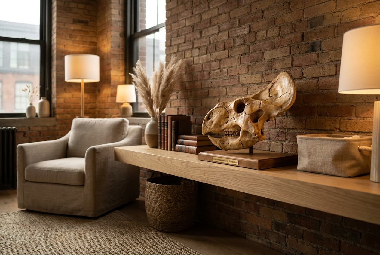 Protoceratops Skull — staged render in a warm loft setting