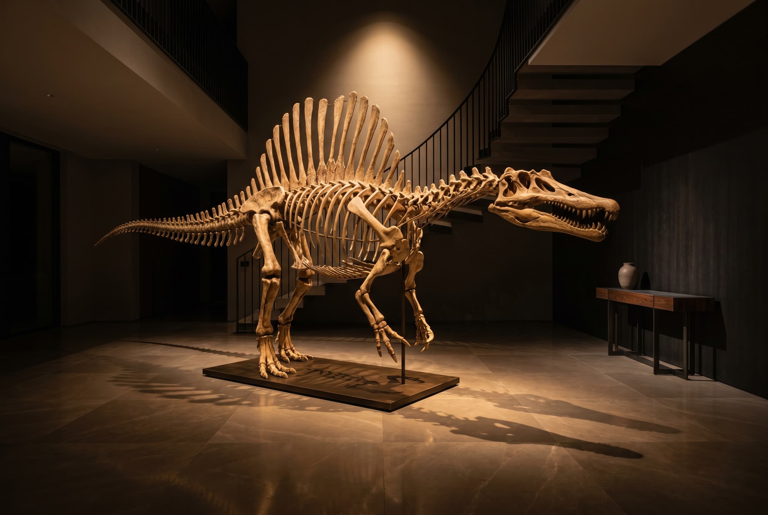 Spinosaurus Full Skeleton — staged render in a staged setting