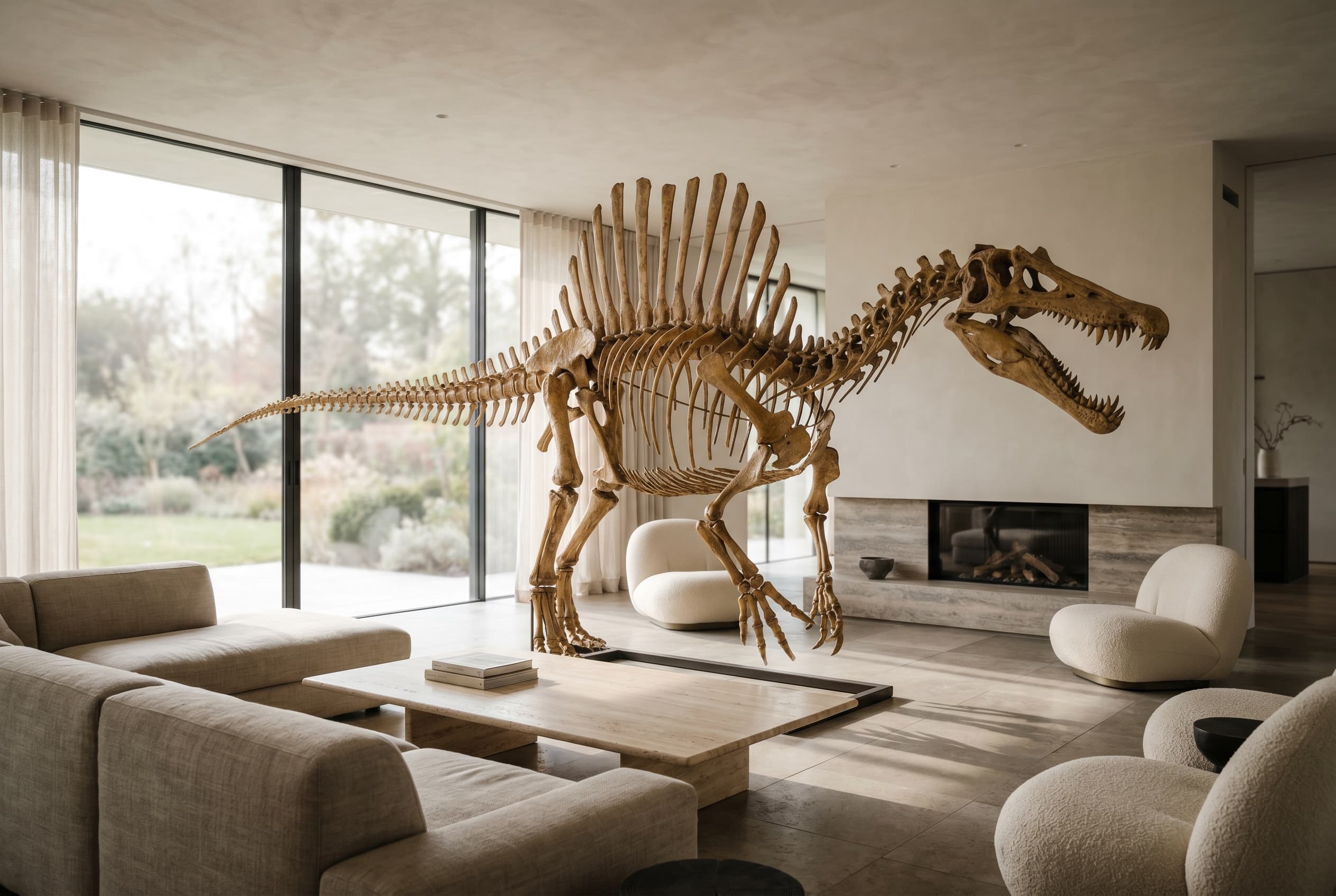 Spinosaurus Full Skeleton — staged render in a staged setting