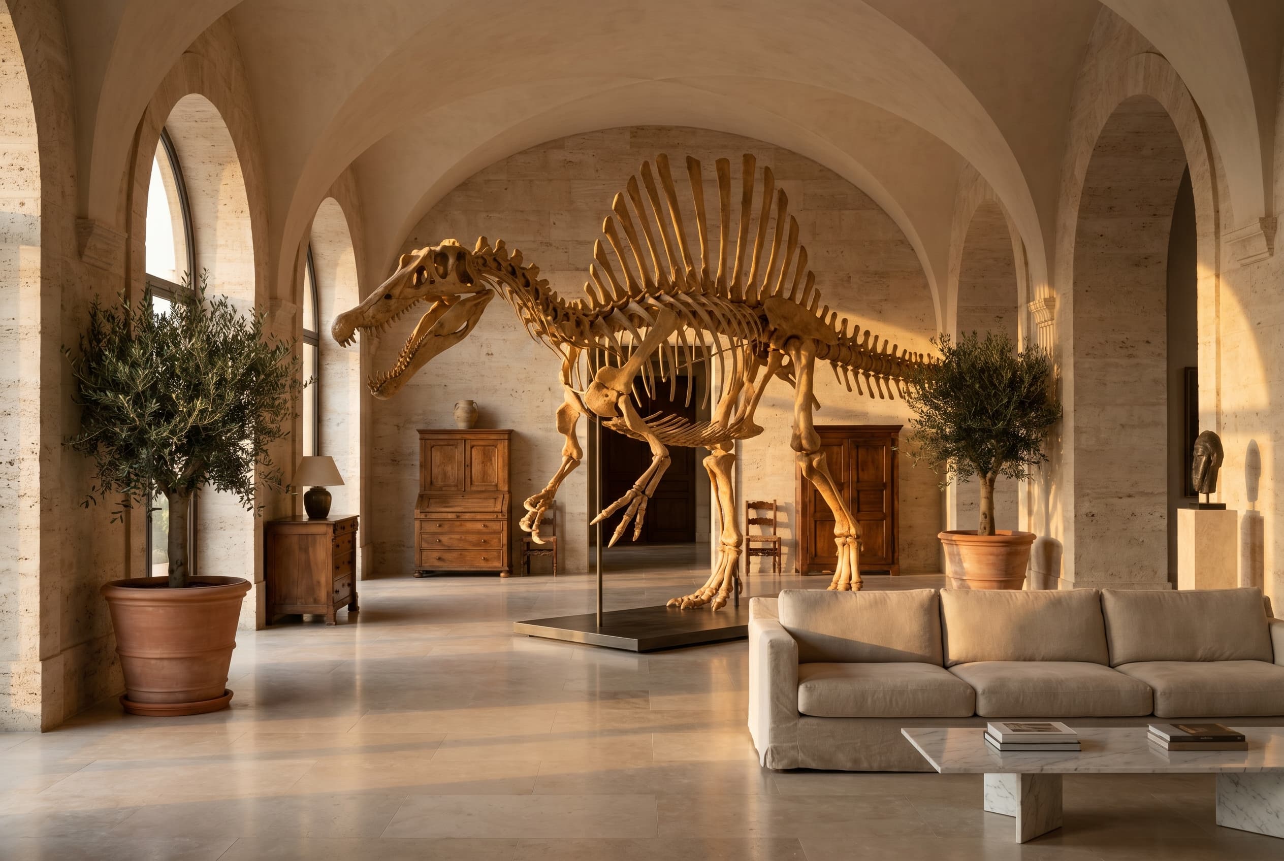 Spinosaurus Full Skeleton — staged render in a staged setting
