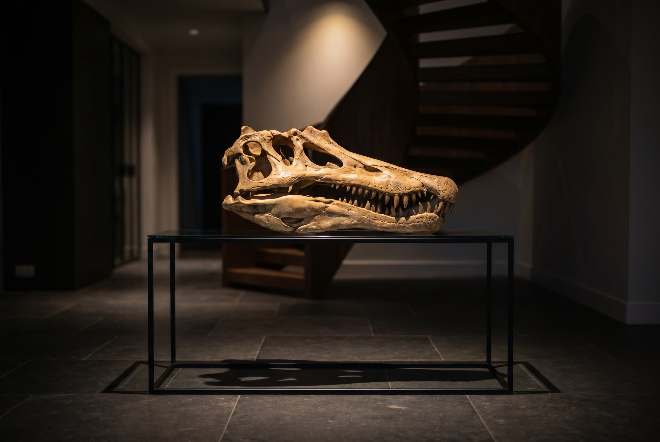 Spinosaurus Skull — staged render in a staged setting