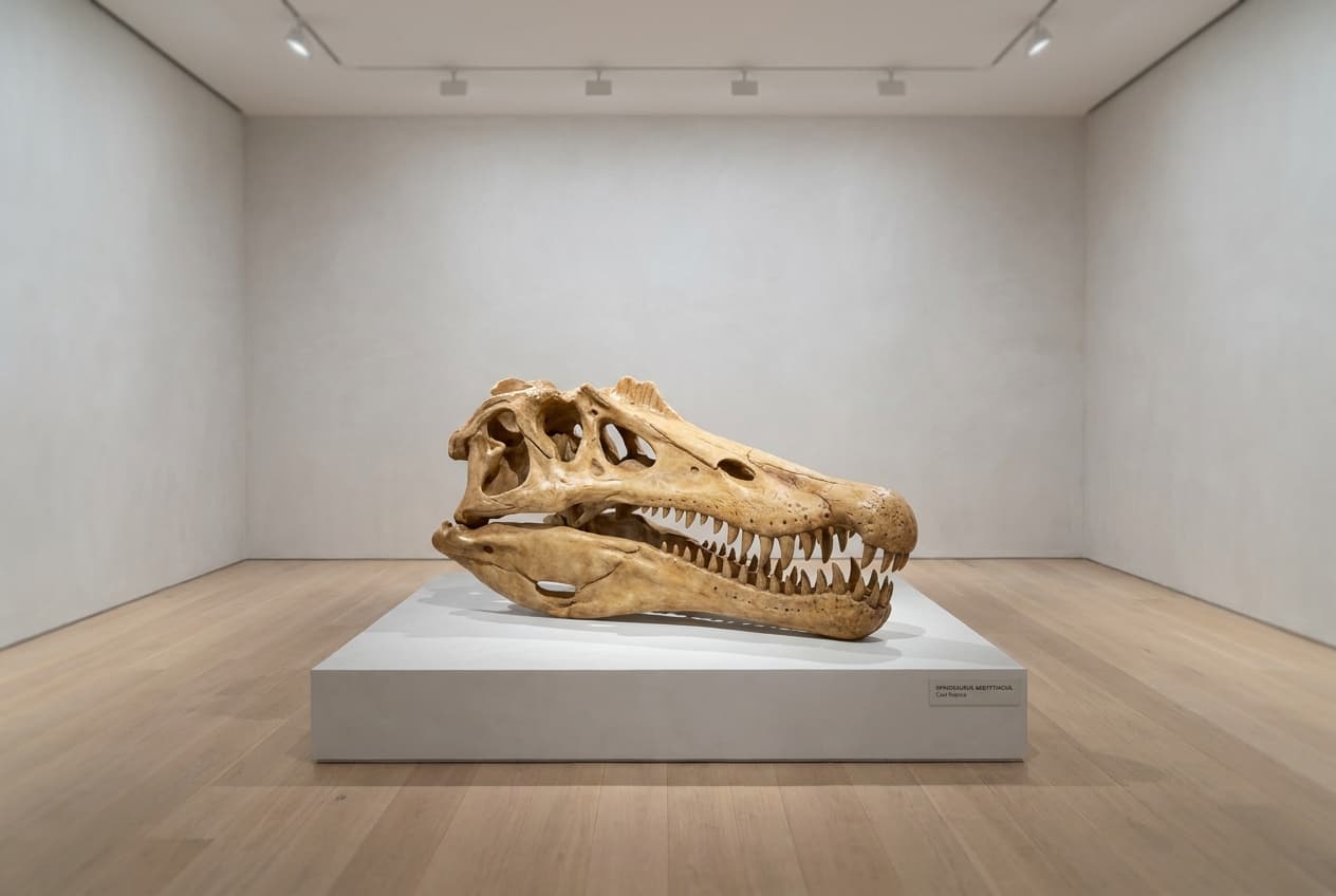 Spinosaurus Skull — staged render in a minimalist gallery setting