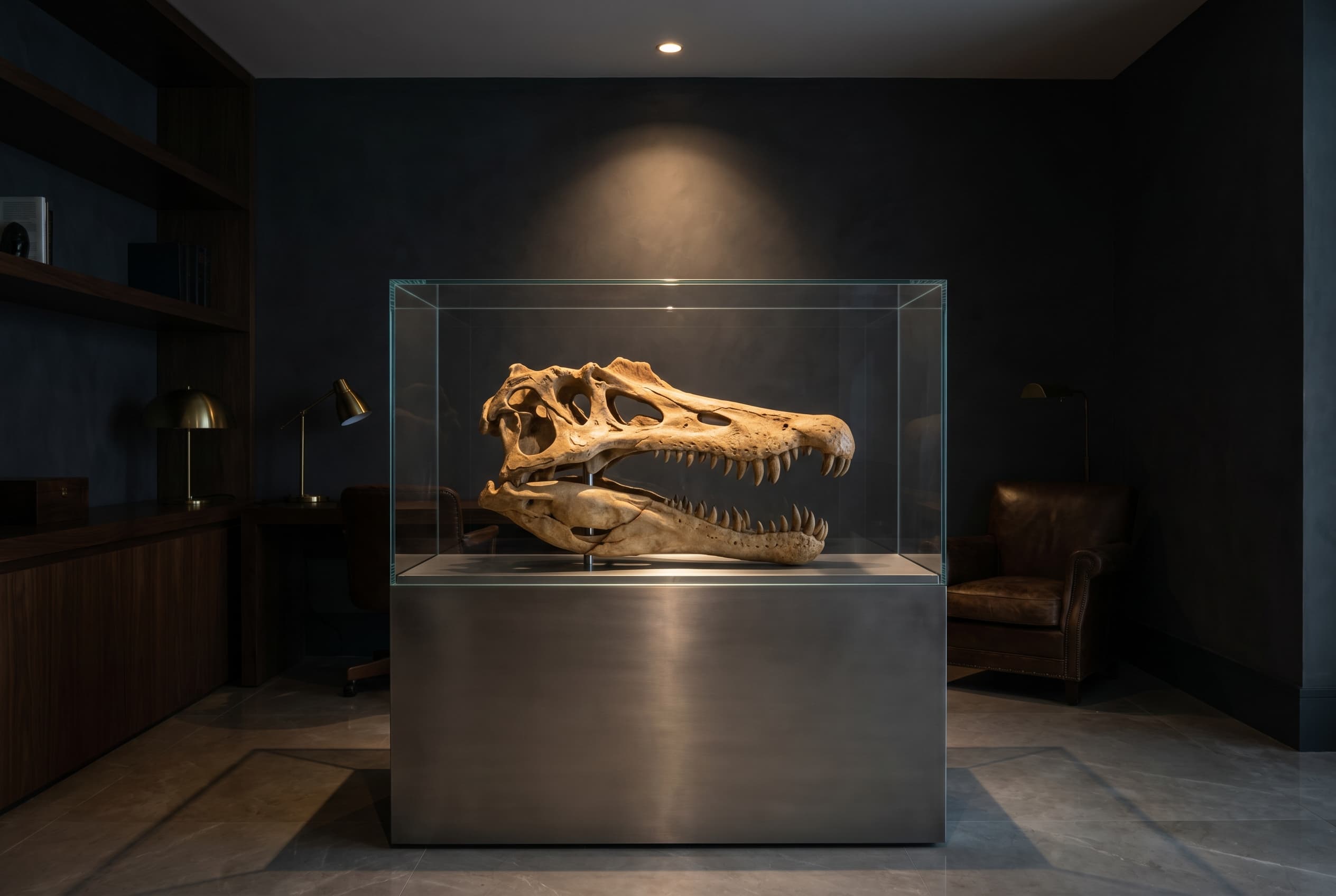 Spinosaurus Skull — staged render in a staged setting
