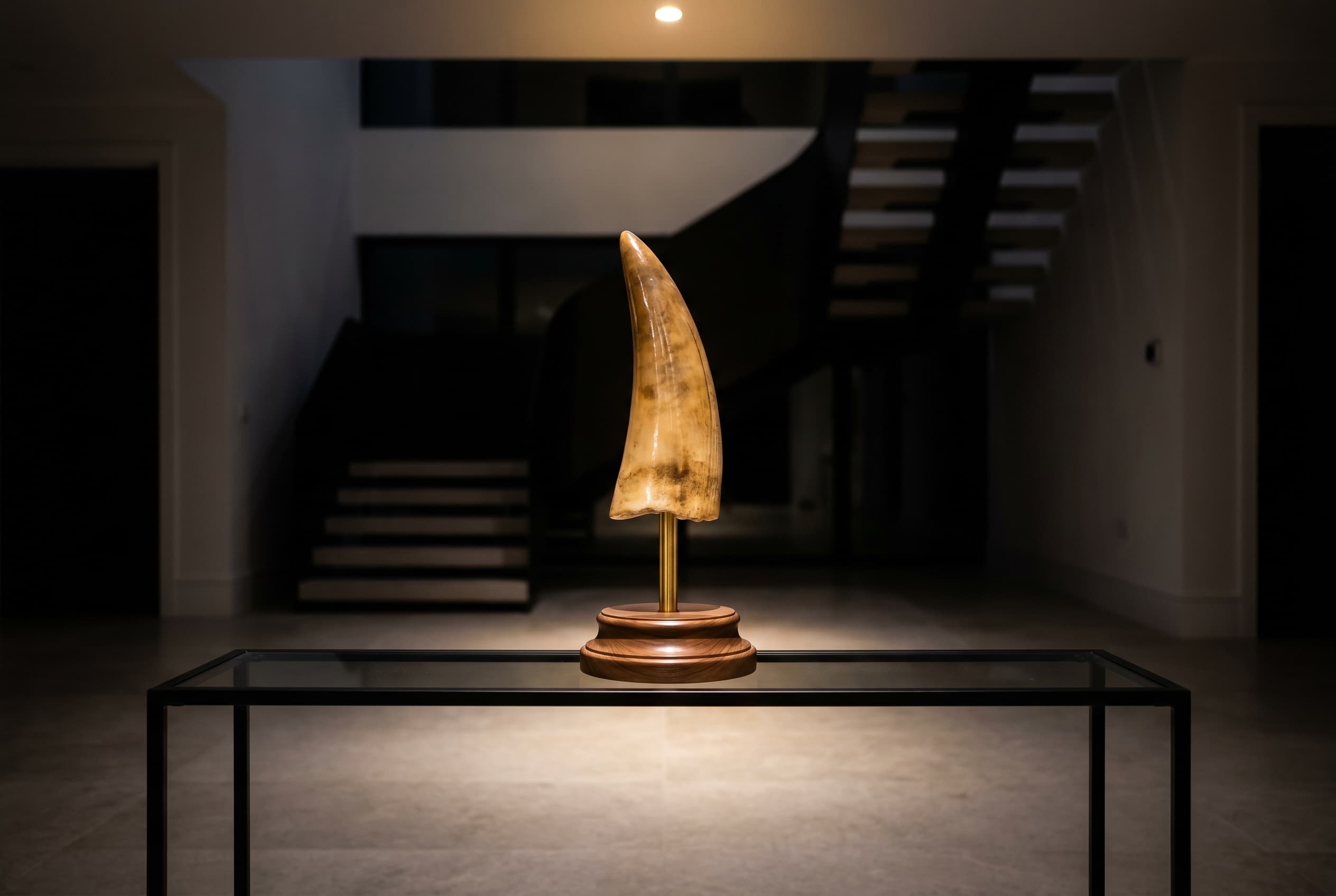 Spinosaurus Tooth — staged render in a staged setting