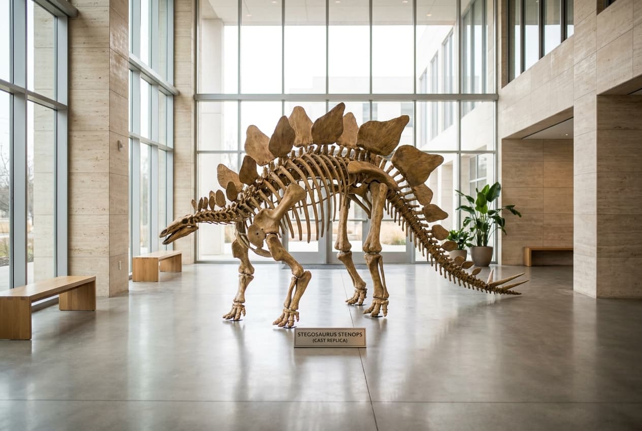 Stegosaurus Full Skeleton — staged render in a modern atrium setting