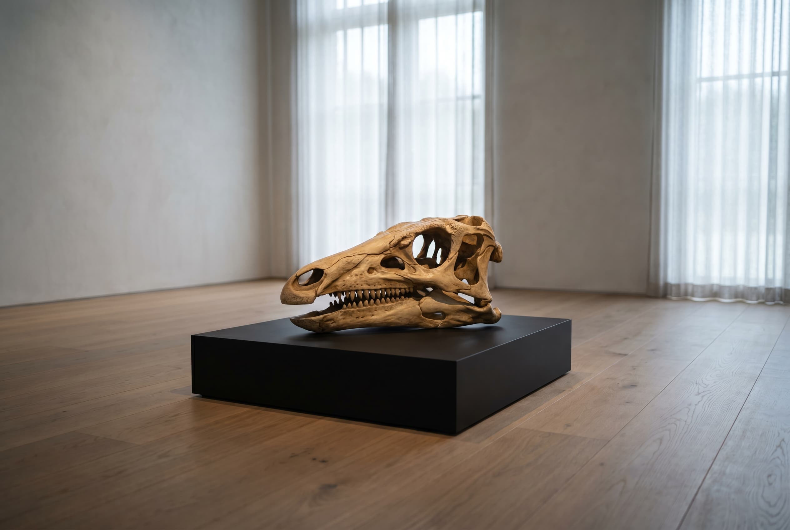 Stegosaurus Skull — staged render in a staged setting