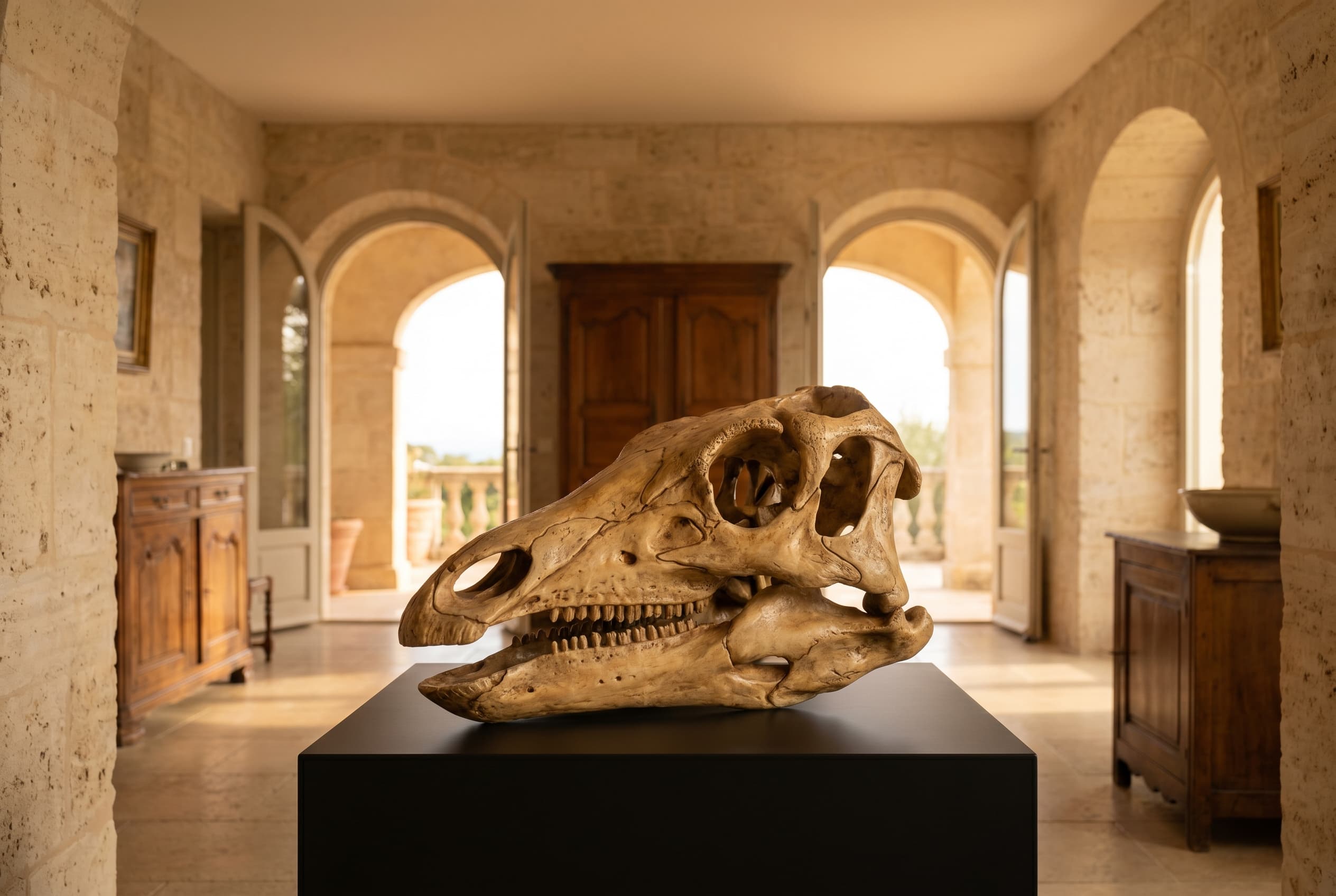 Stegosaurus Skull — staged render in a staged setting