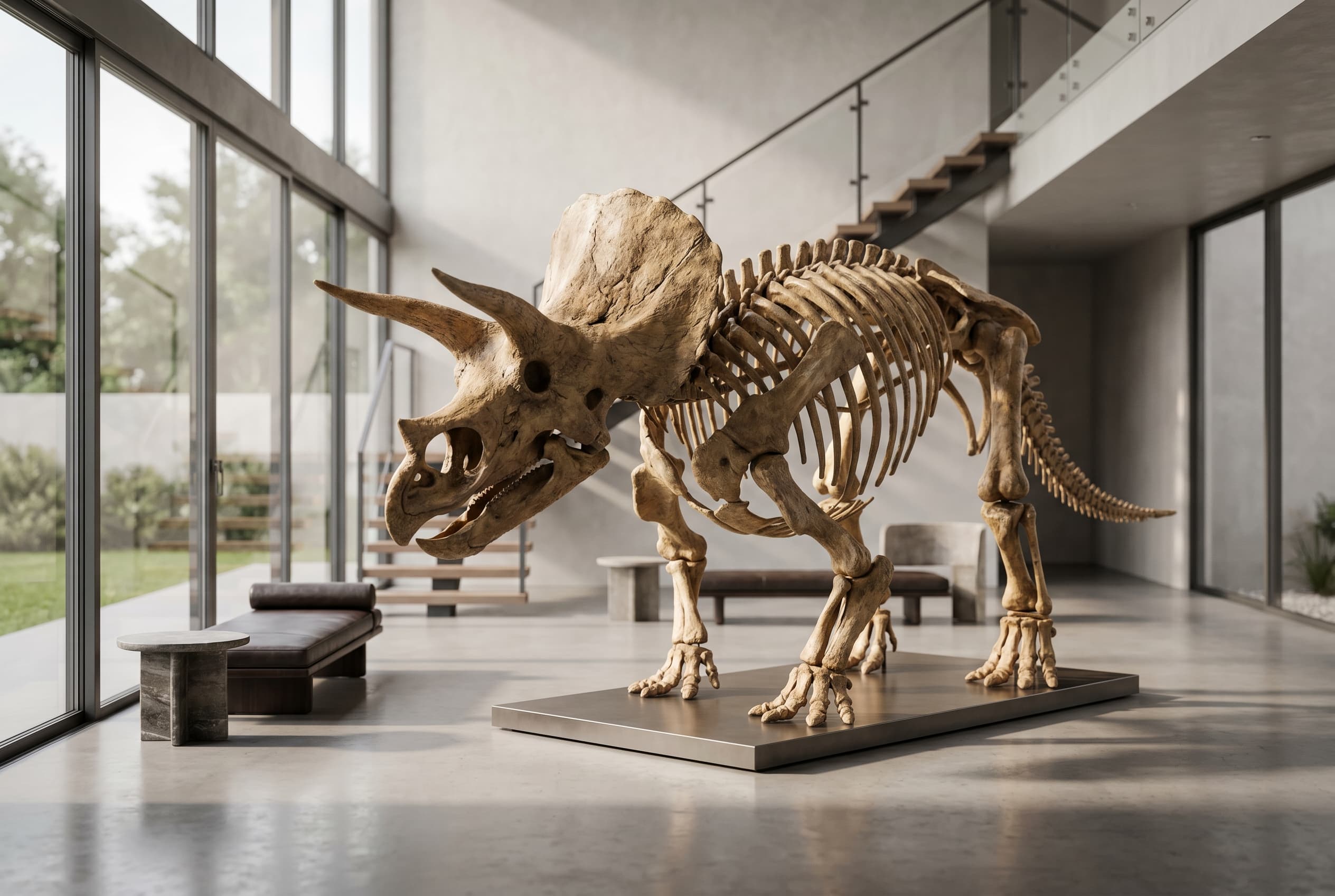 Triceratops Full Skeleton — staged render in a staged setting