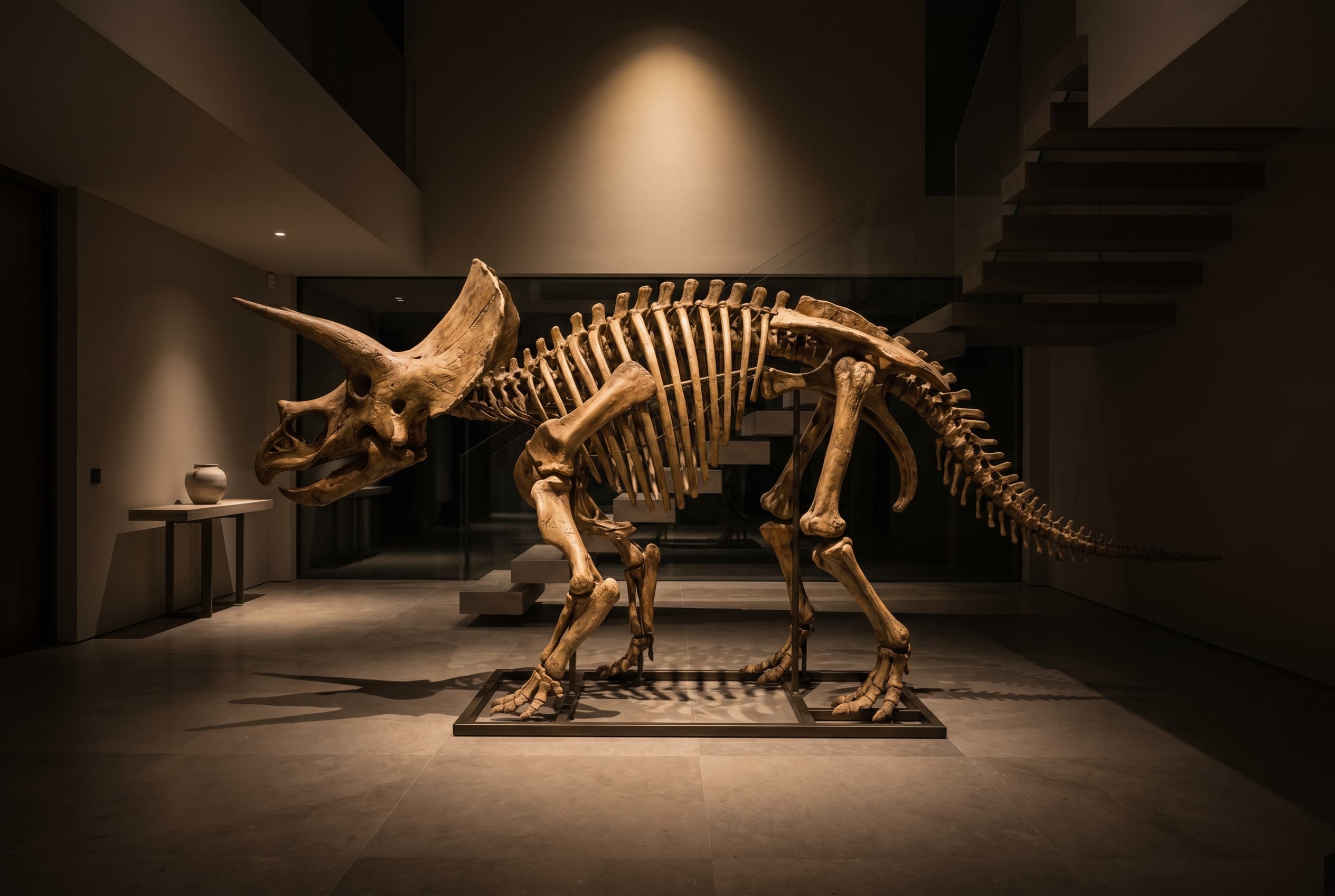 Triceratops Full Skeleton — staged render in a staged setting