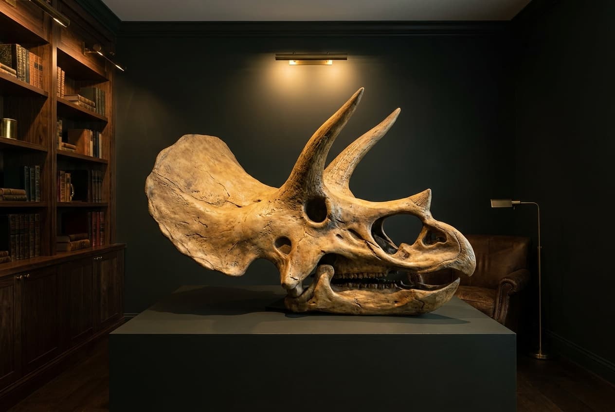 Triceratops Skull — staged render in a dark study setting