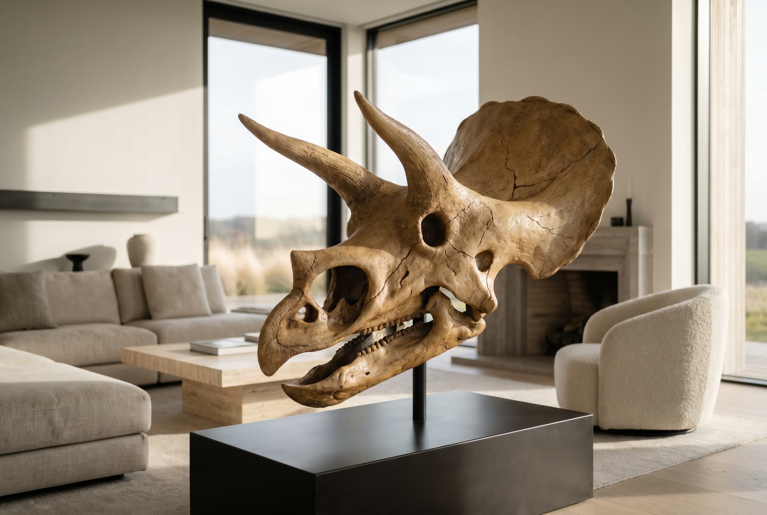 Triceratops Skull — staged render in a staged setting